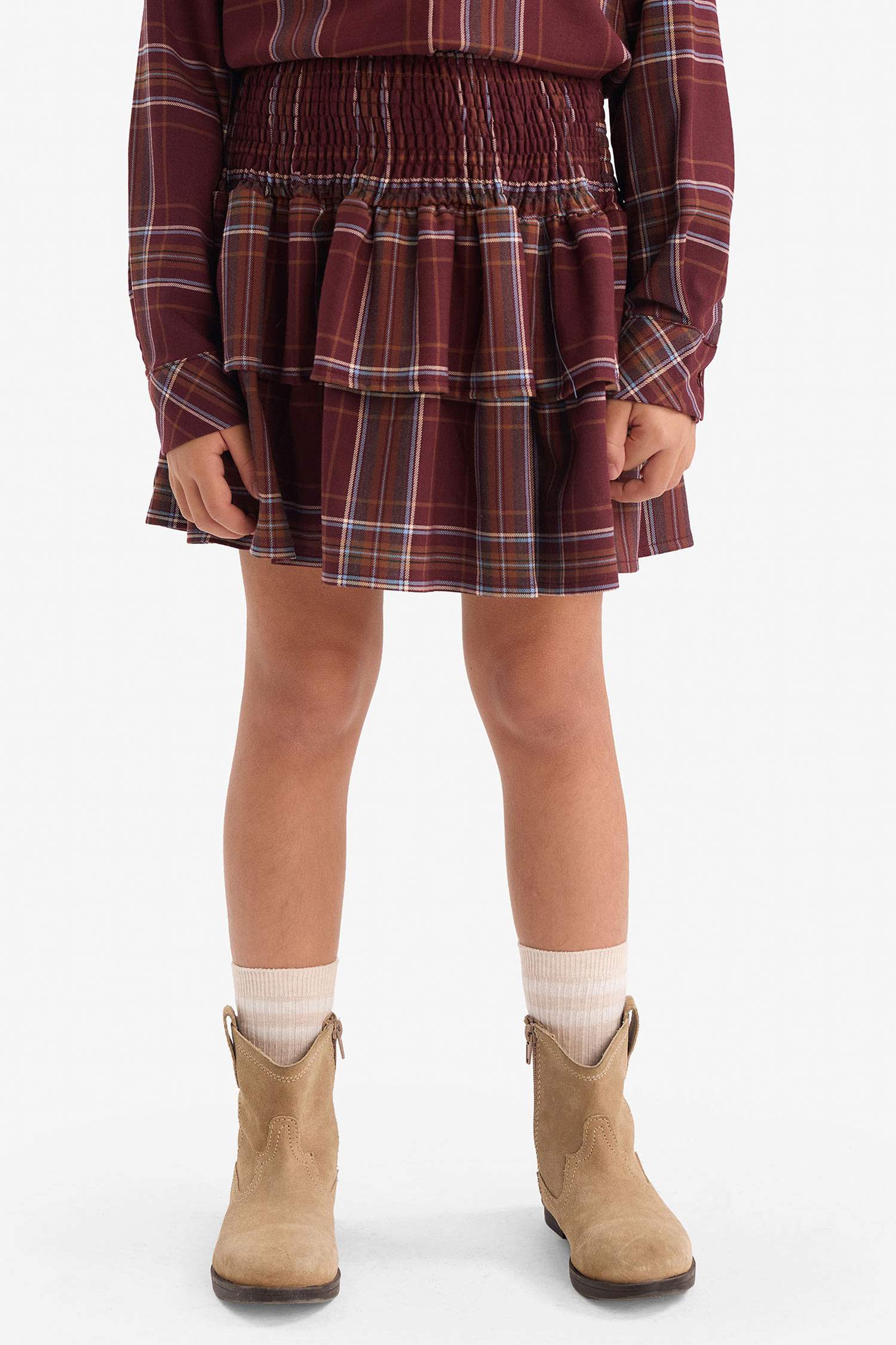 Pamuklu Kareli Pileli Etek Kız Çocuk