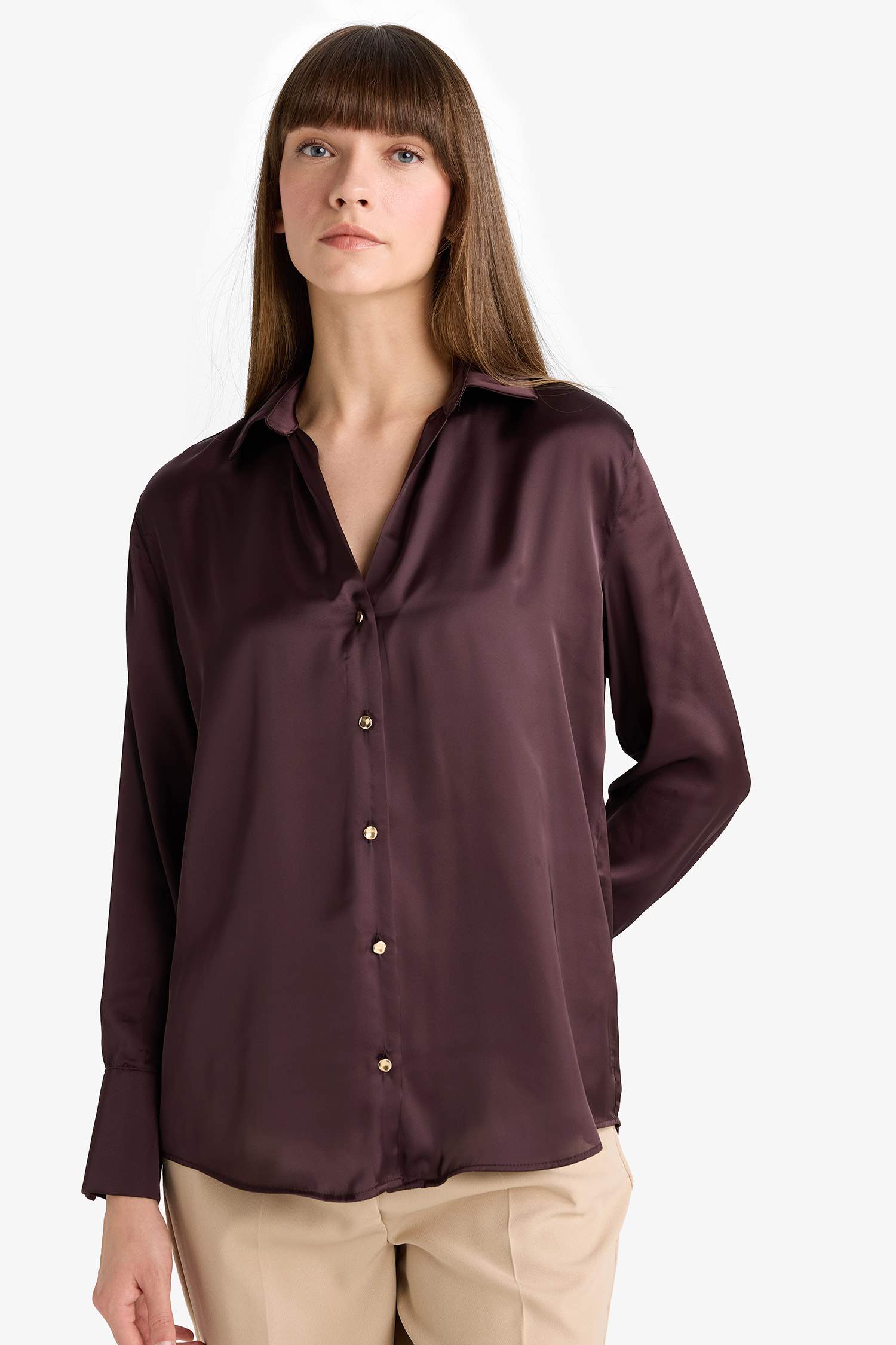 Regular Fit Shirt Collar Satin Long Sleeve Shirt