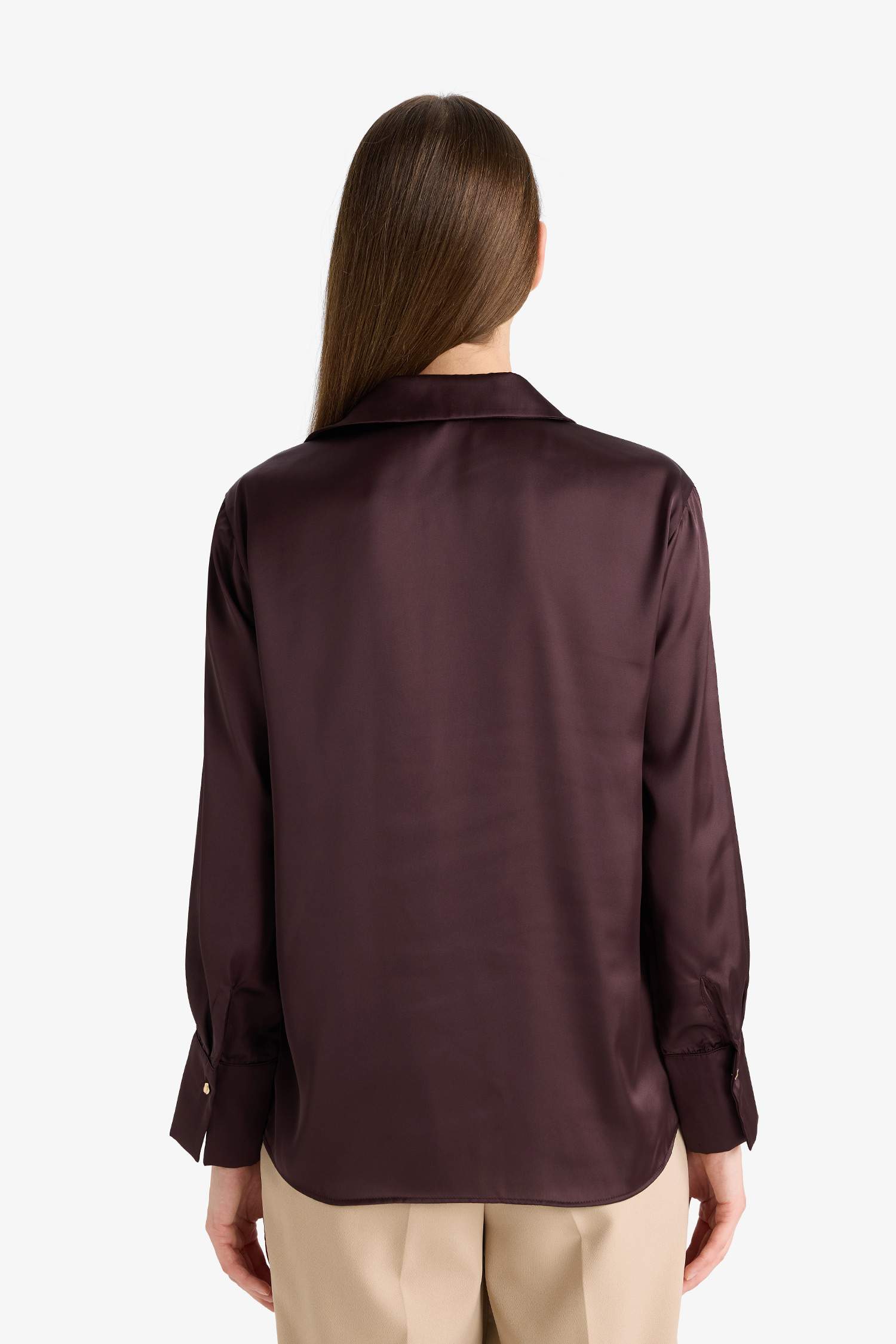 Regular Fit Shirt Collar Satin Long Sleeve Shirt