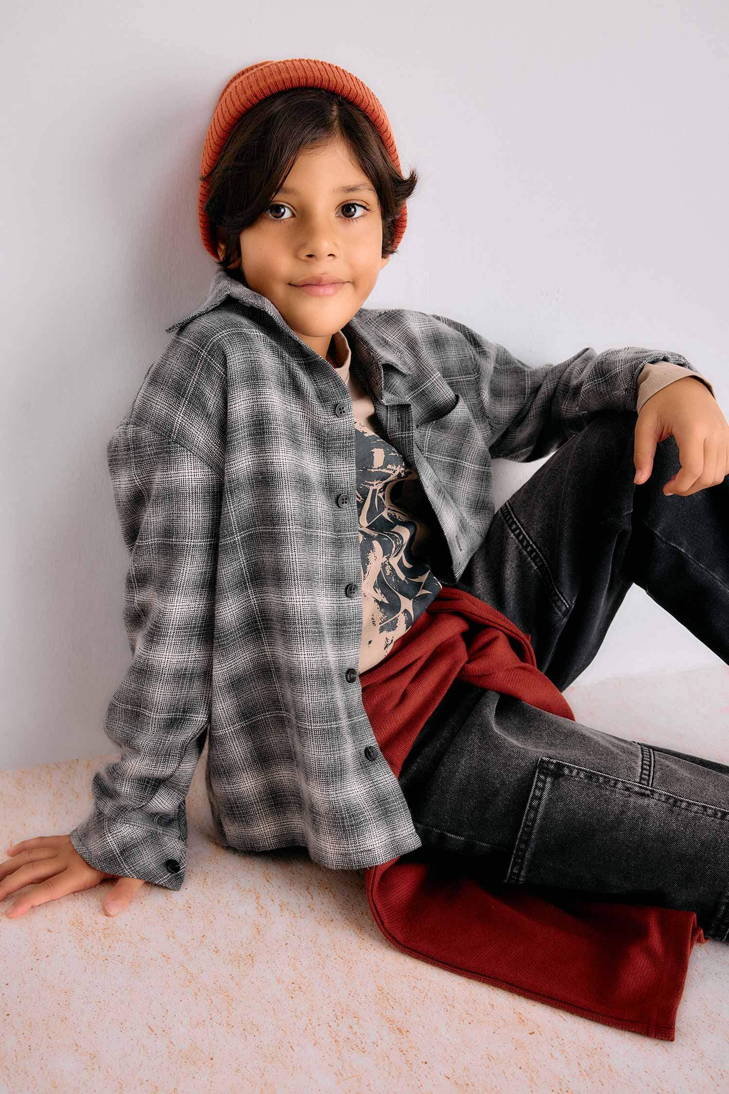 Erkek Çocuk Overshirt Fit Polo Yaka Kareli Flanel Uzun Kollu Gömlek