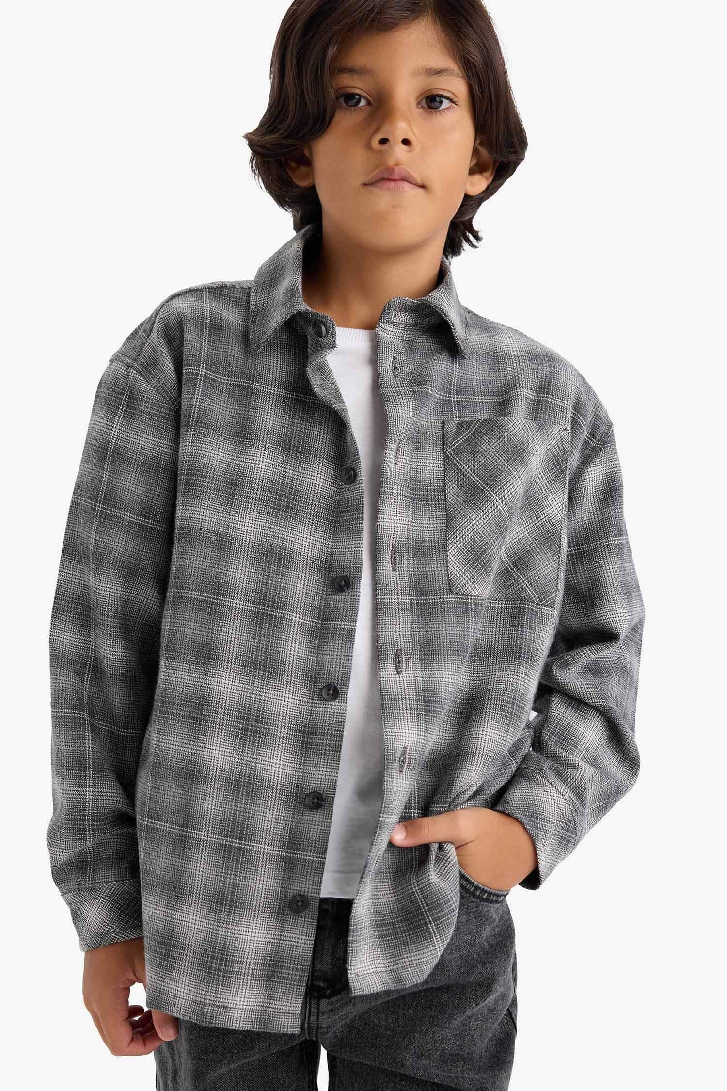 Erkek Çocuk Overshirt Fit Polo Yaka Kareli Flanel Uzun Kollu Gömlek