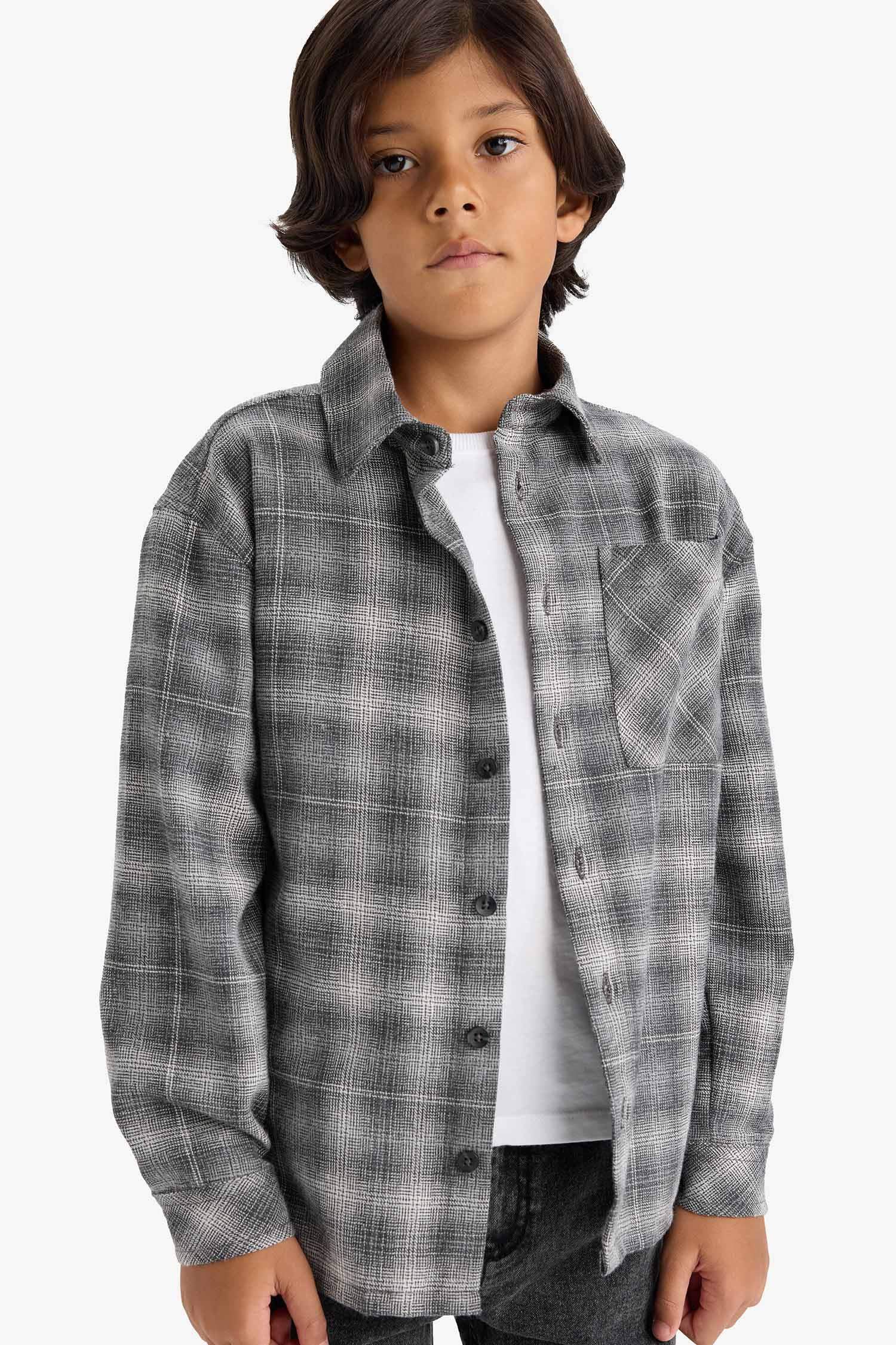 Erkek Çocuk Overshirt Fit Polo Yaka Kareli Flanel Uzun Kollu Gömlek