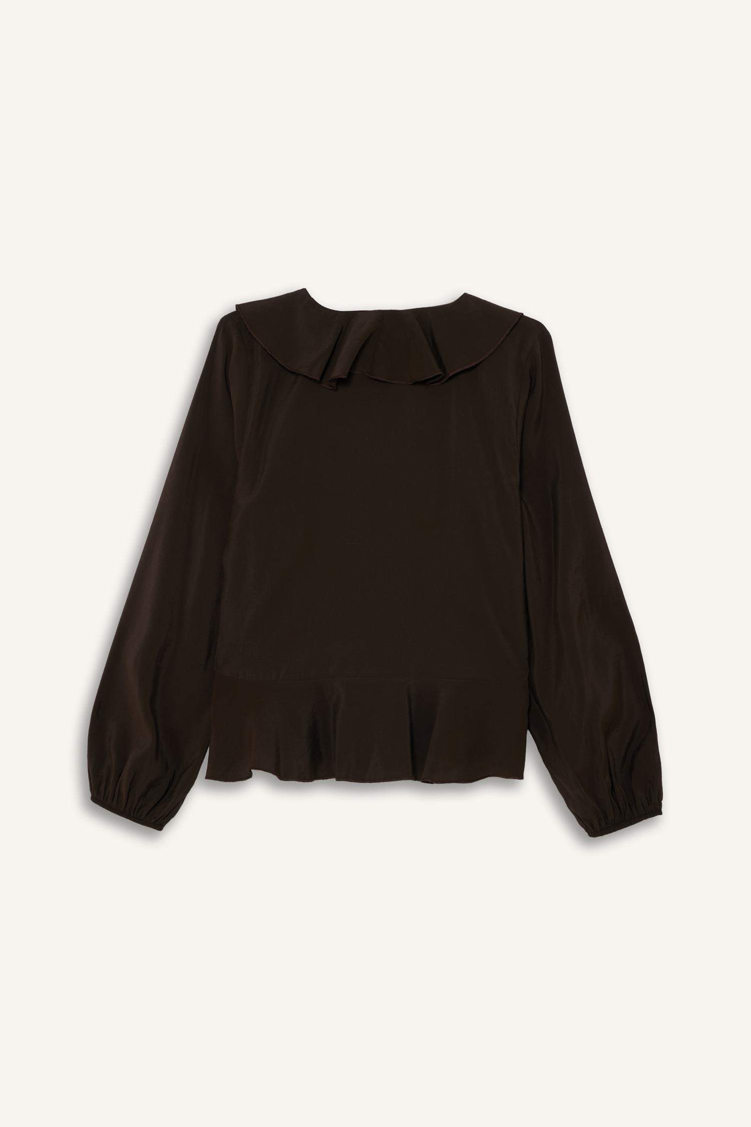 Regular Fit V Yaka Modal Volanlı Uzun Kollu Bluz