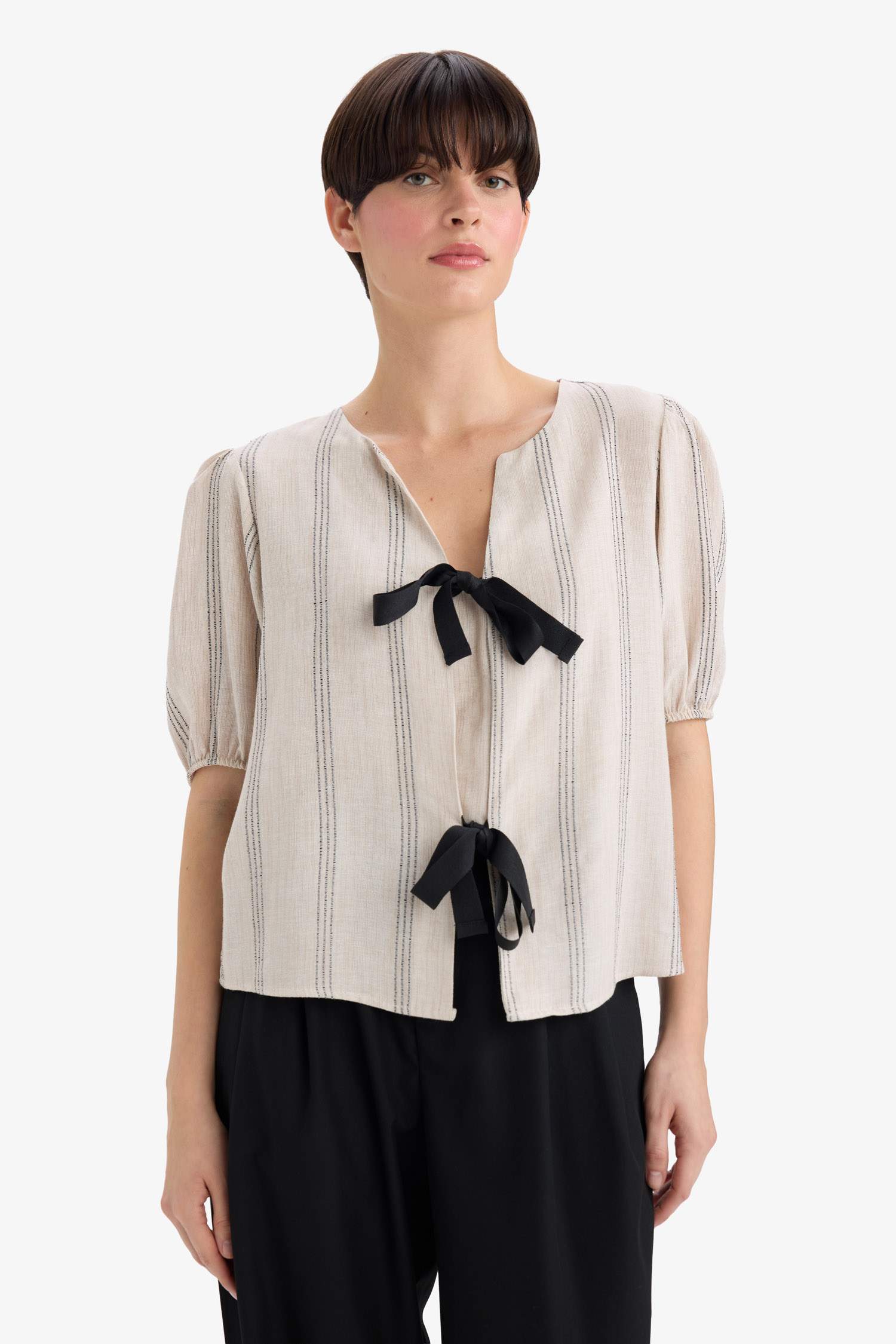 Regular Fit Crew Neck Linen Blend Blouse