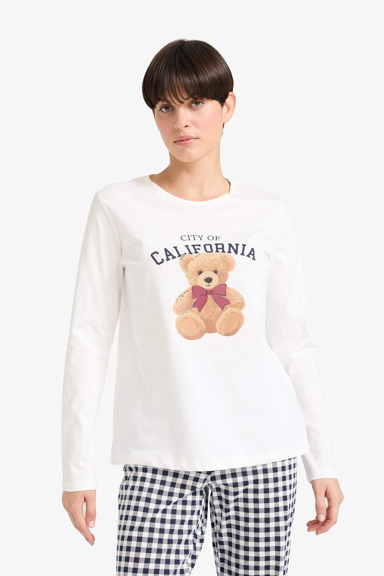 Pijama Takımı Regular Fit Ayıcık Baskılı Uzun Kollu Üst Kareli Uzun Alt-Fall in Love