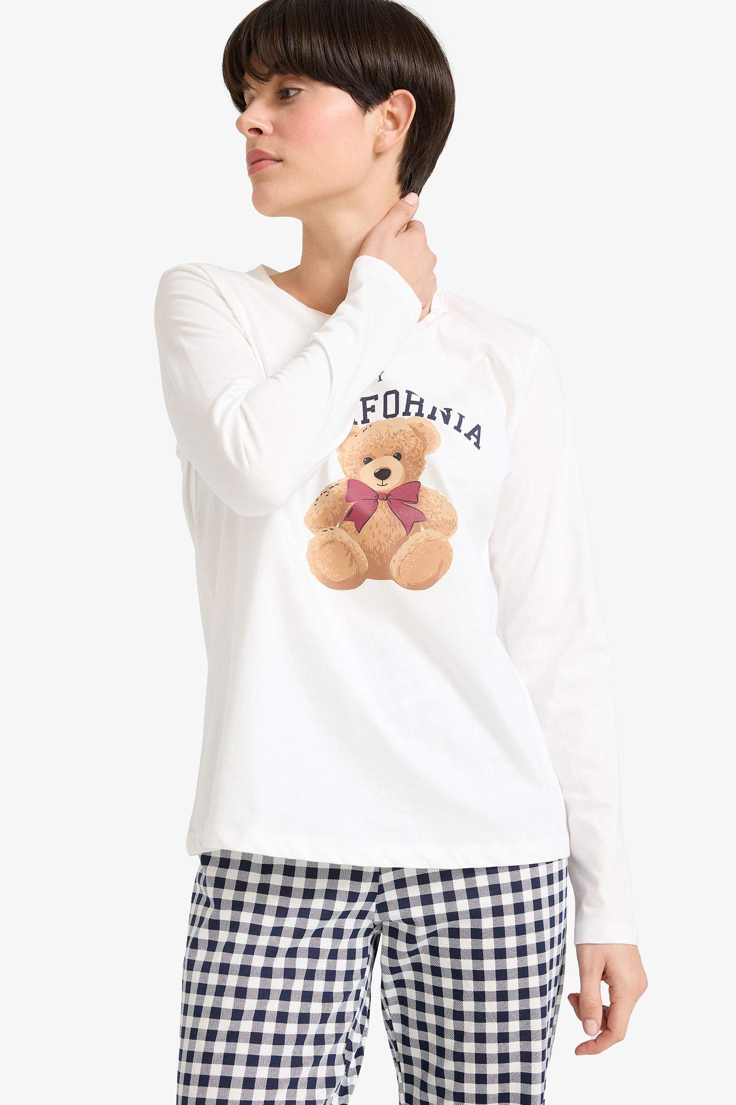 Pijama Takımı Regular Fit Ayıcık Baskılı Uzun Kollu Üst Kareli Uzun Alt-Fall in Love