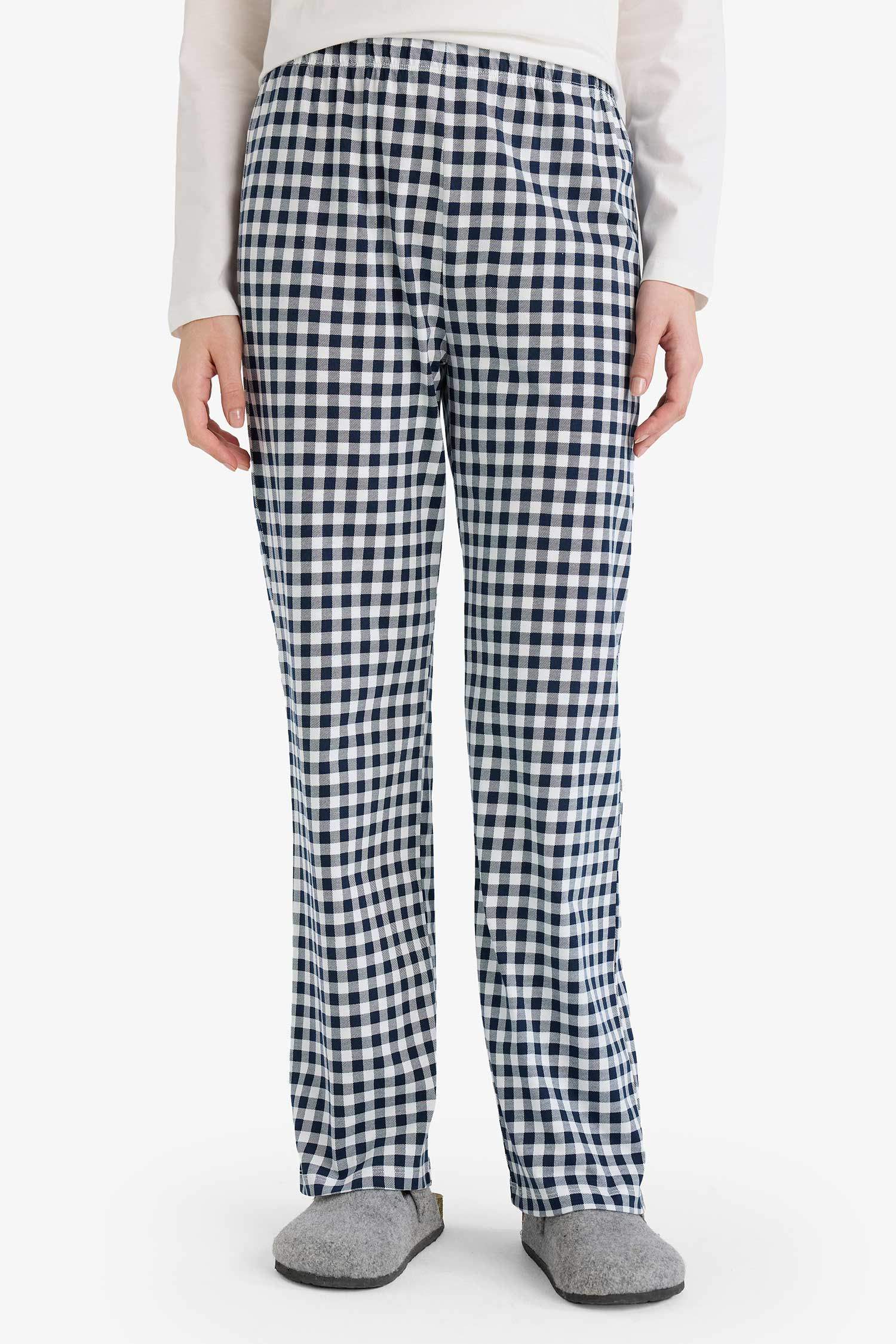 Pijama Takımı Regular Fit Ayıcık Baskılı Uzun Kollu Üst Kareli Uzun Alt