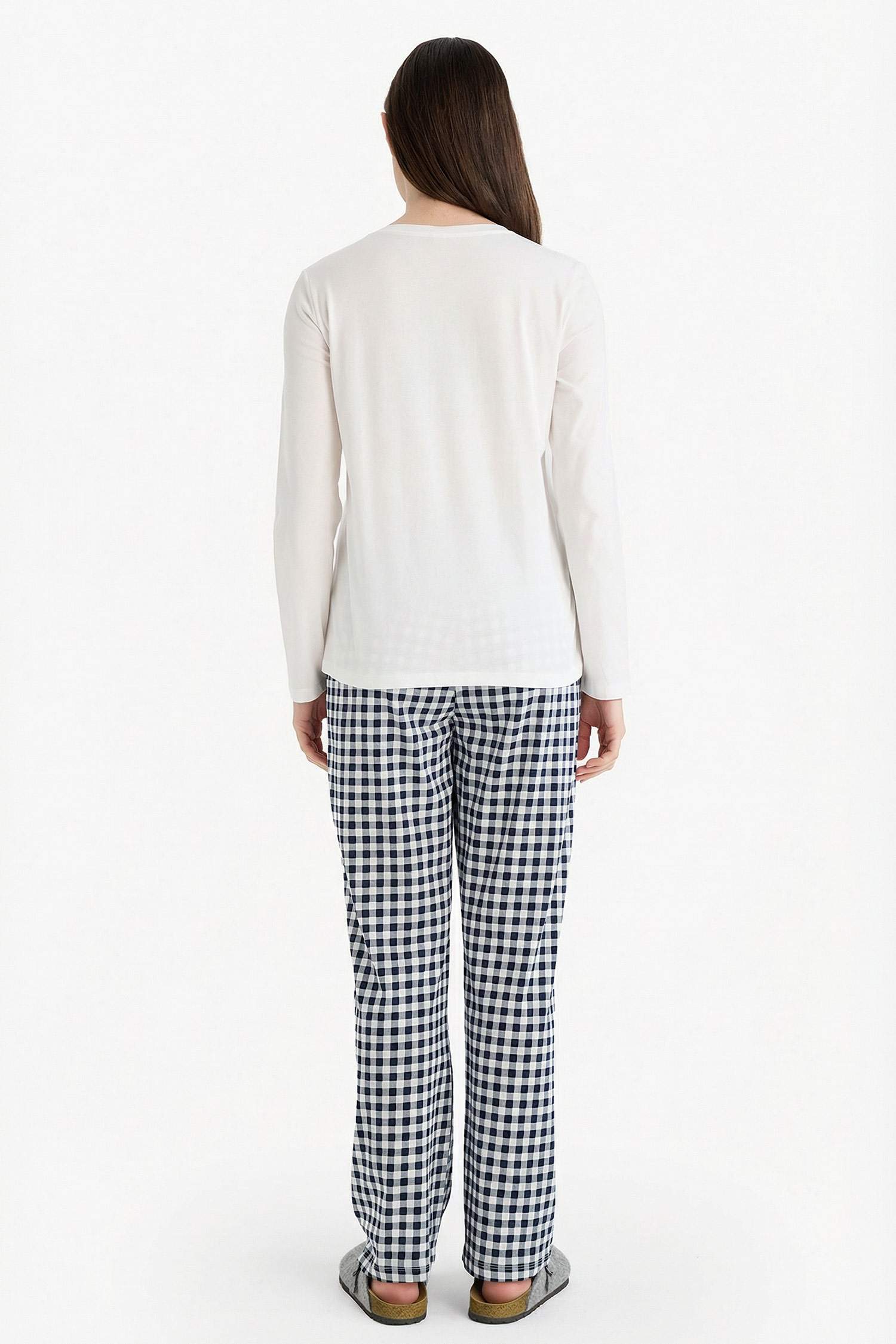 Pijama Takımı Regular Fit Ayıcık Baskılı Uzun Kollu Üst Kareli Uzun Alt