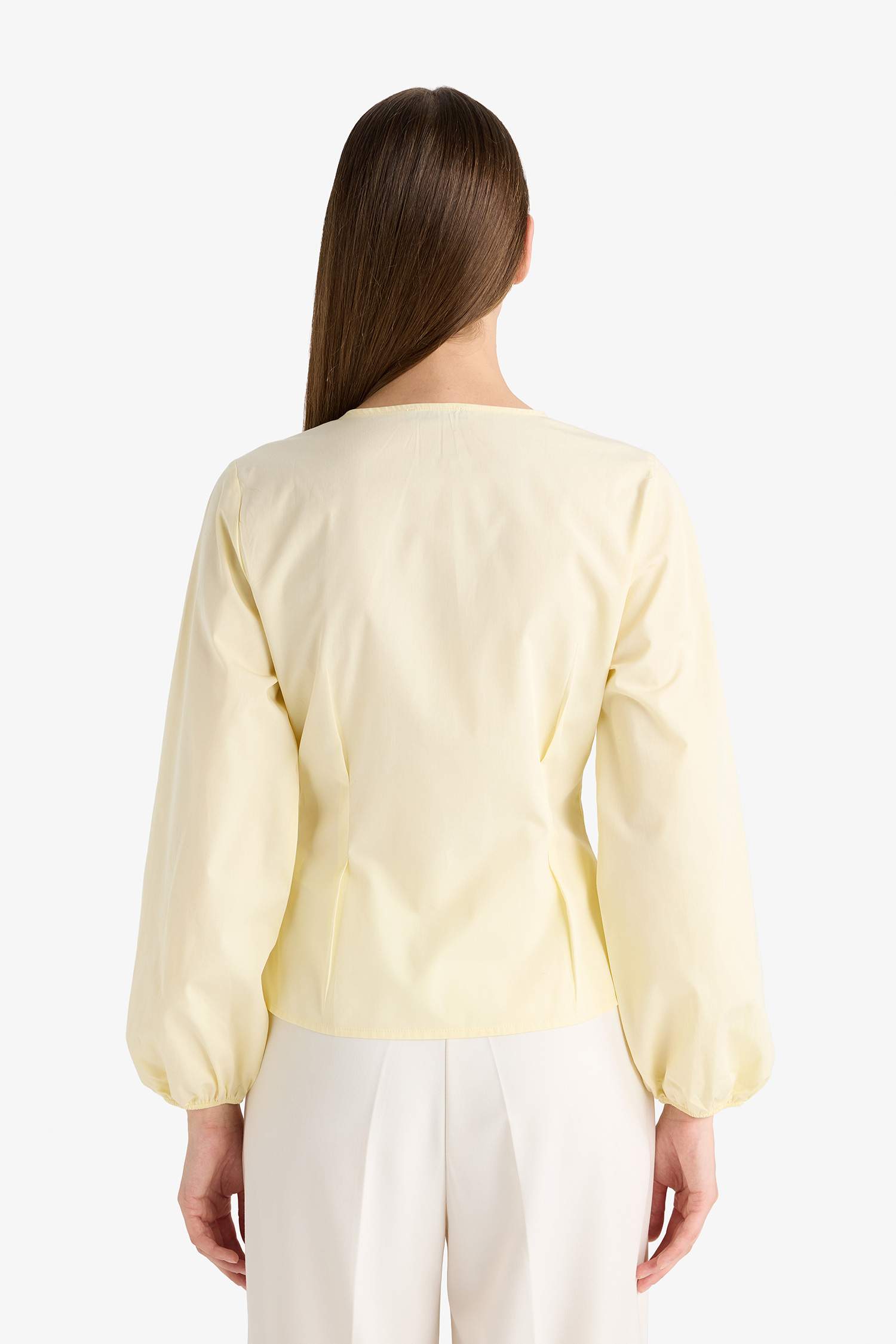 Fitted V-Neck Poplin Long Sleeve Blouse