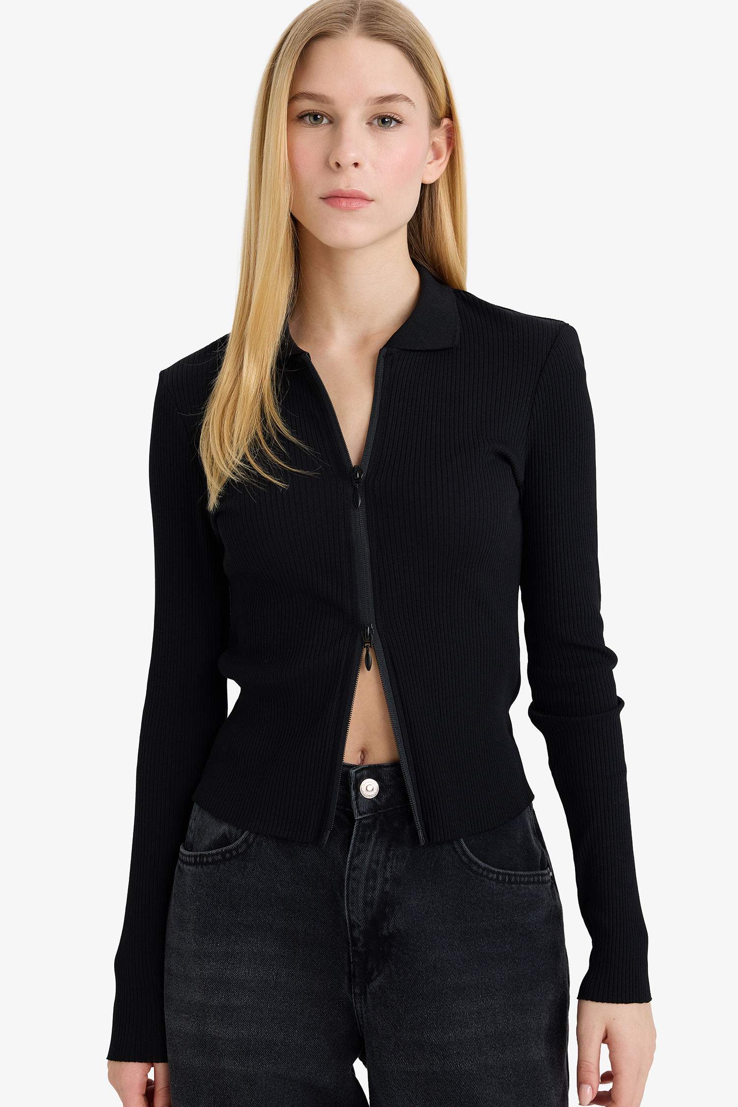 Cardigan côtelé à col polo Coupe ajustée