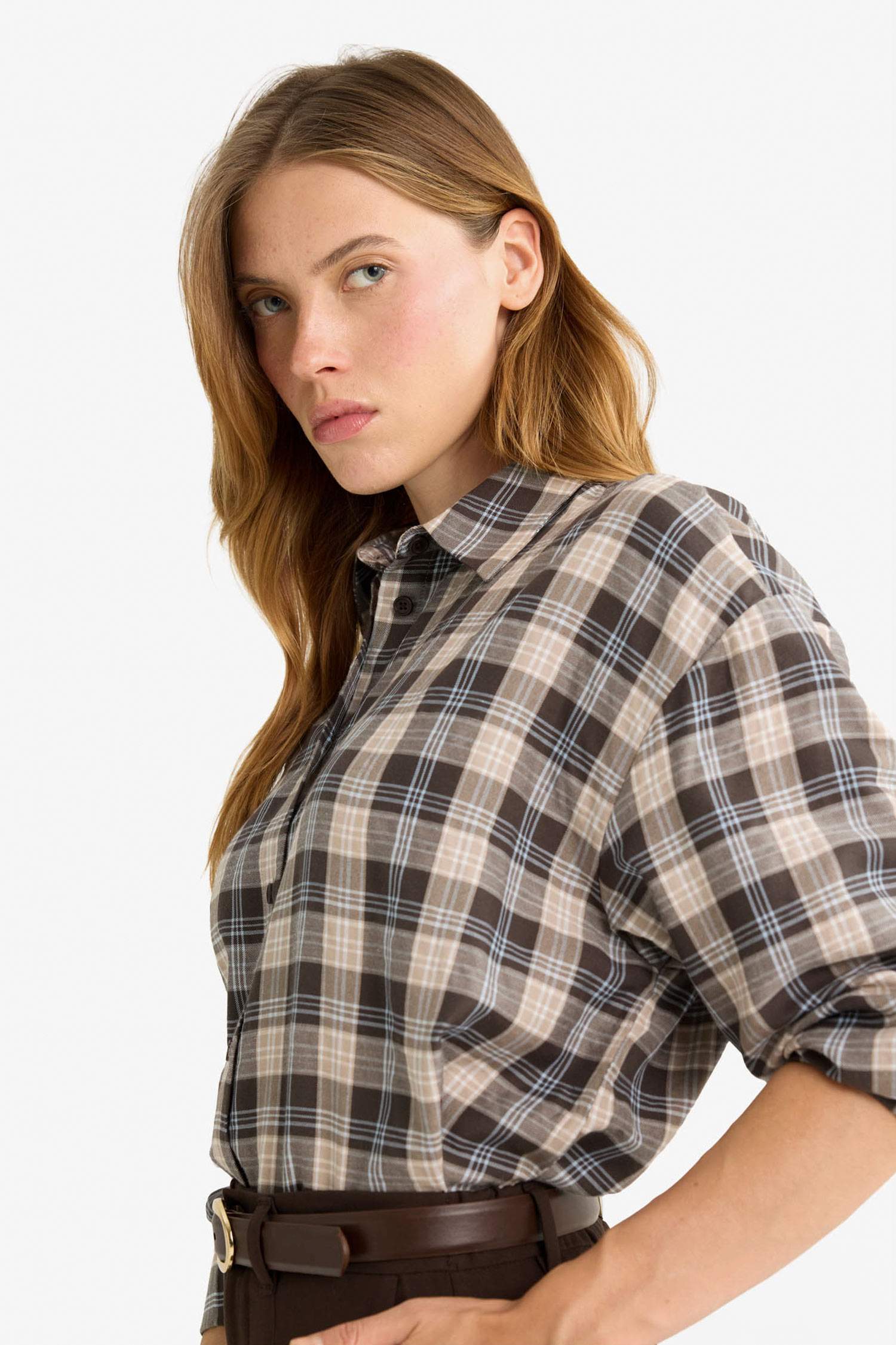 Oversize Fit Shirt Collar Flanel Plaid Long Sleeve Shirt