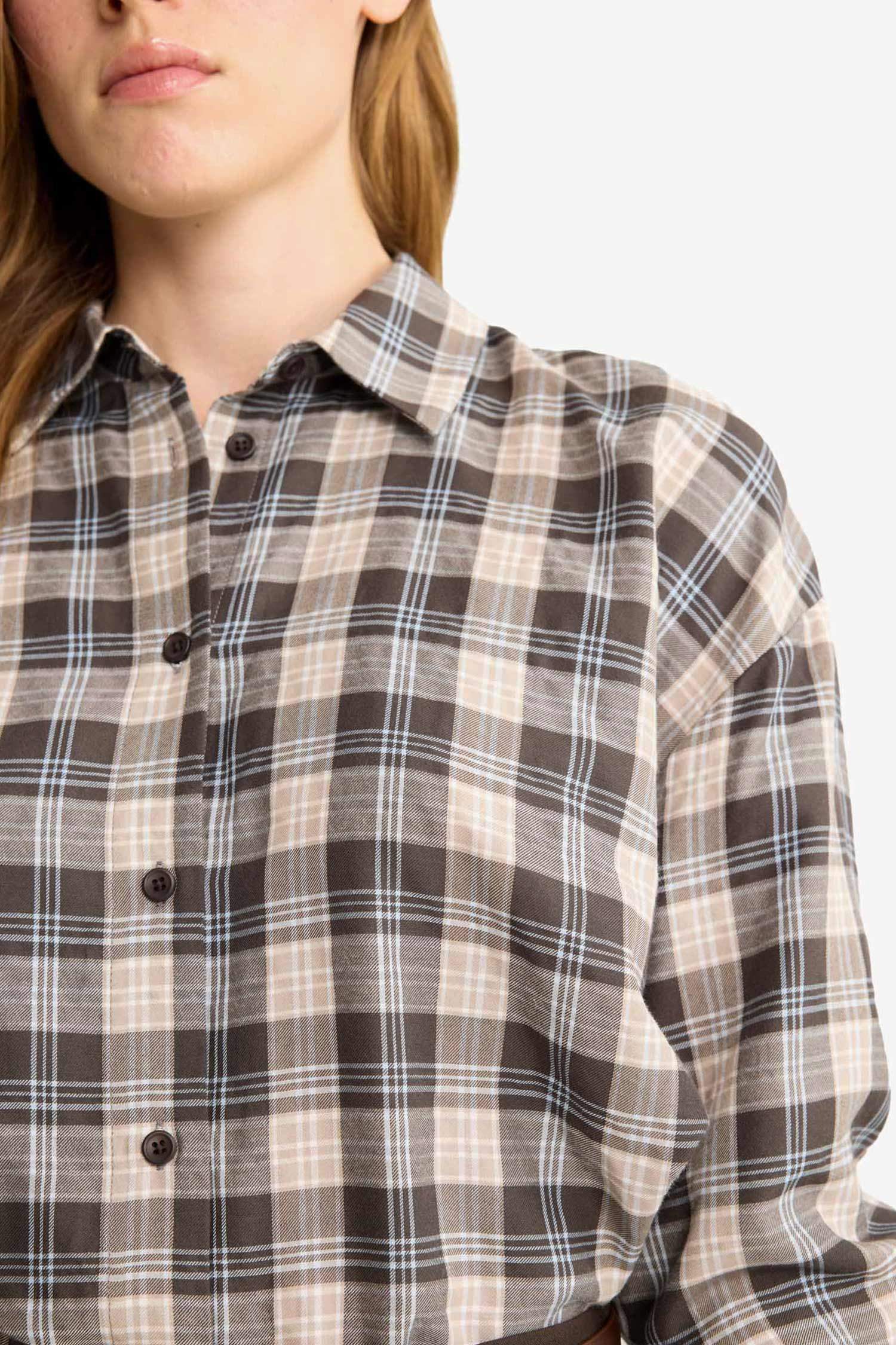 Oversize Fit Shirt Collar Flanel Plaid Long Sleeve Shirt