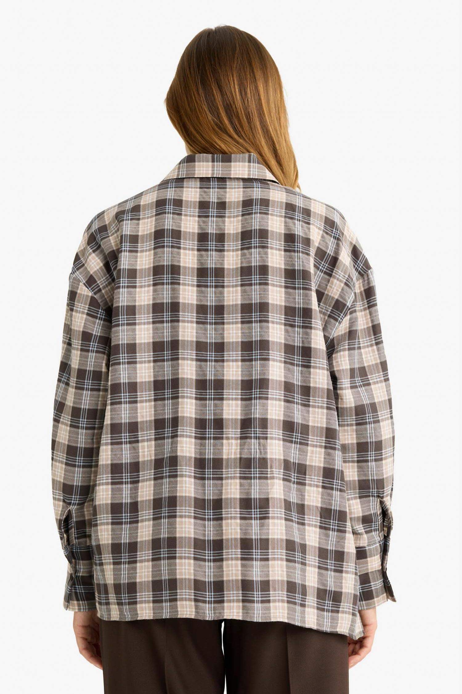Oversize Fit Shirt Collar Flanel Plaid Long Sleeve Shirt
