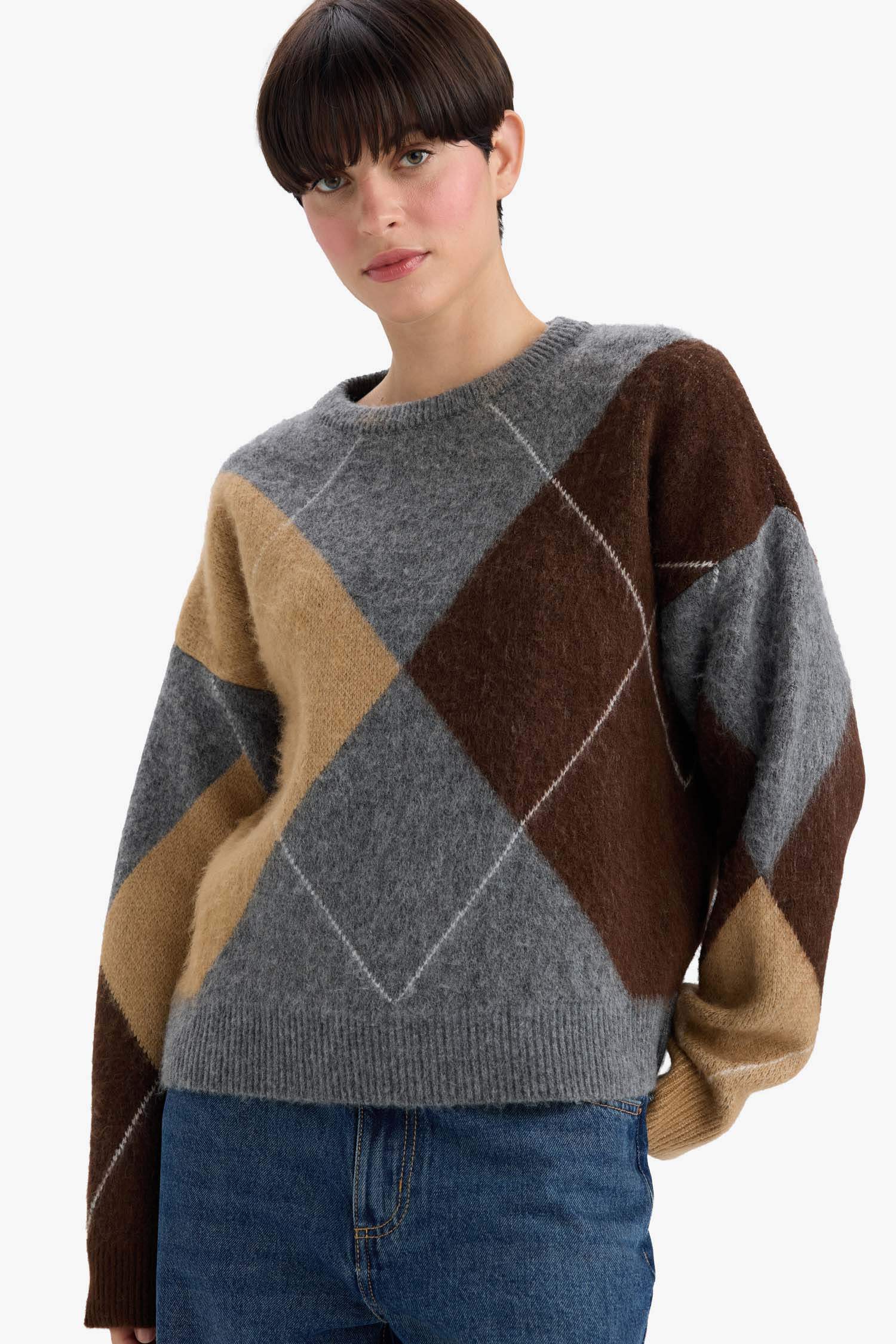 بلوز تريكو قصة مريحة بياقة مستديرة