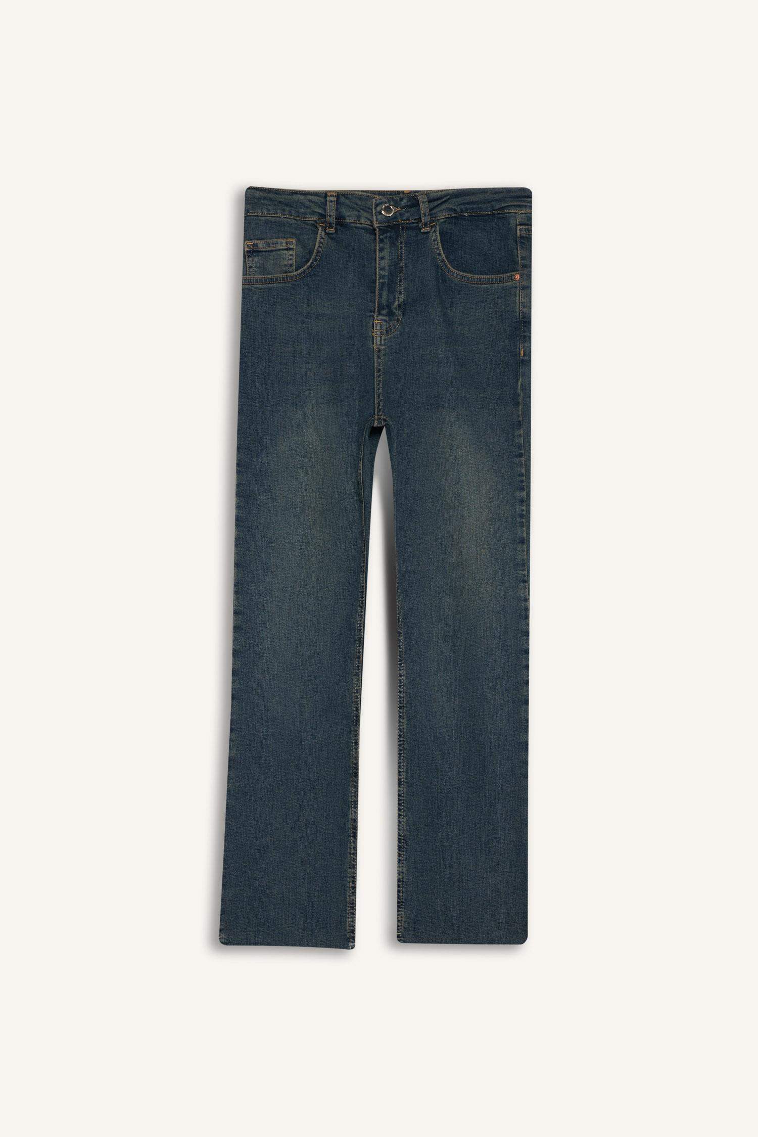 Crop Flare Fit Düşük Bel Bilek Boy Jean Yıkamalı Pantolon