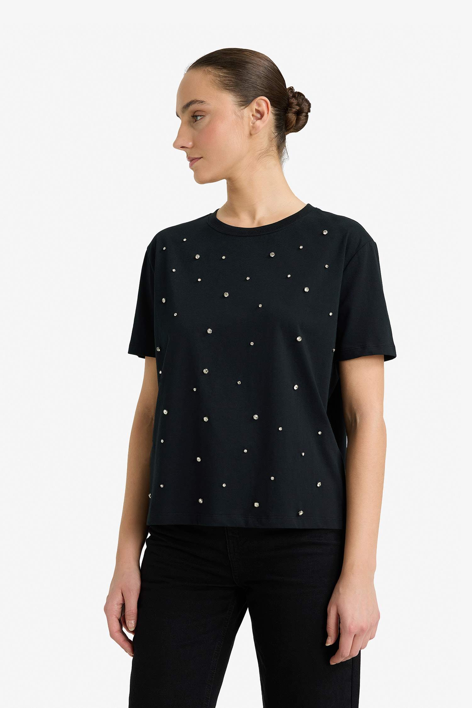 Regular Fit дөңгелек жағалы кестелі трикотаж қысқа жеңді футболка