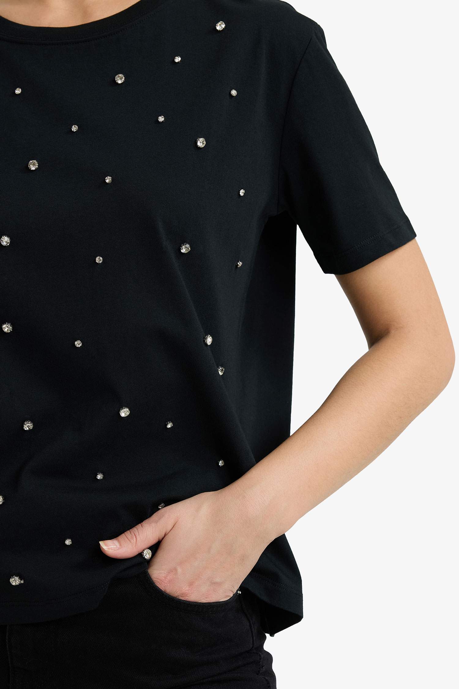 Regular Fit дөңгелек жағалы кестелі трикотаж қысқа жеңді футболка