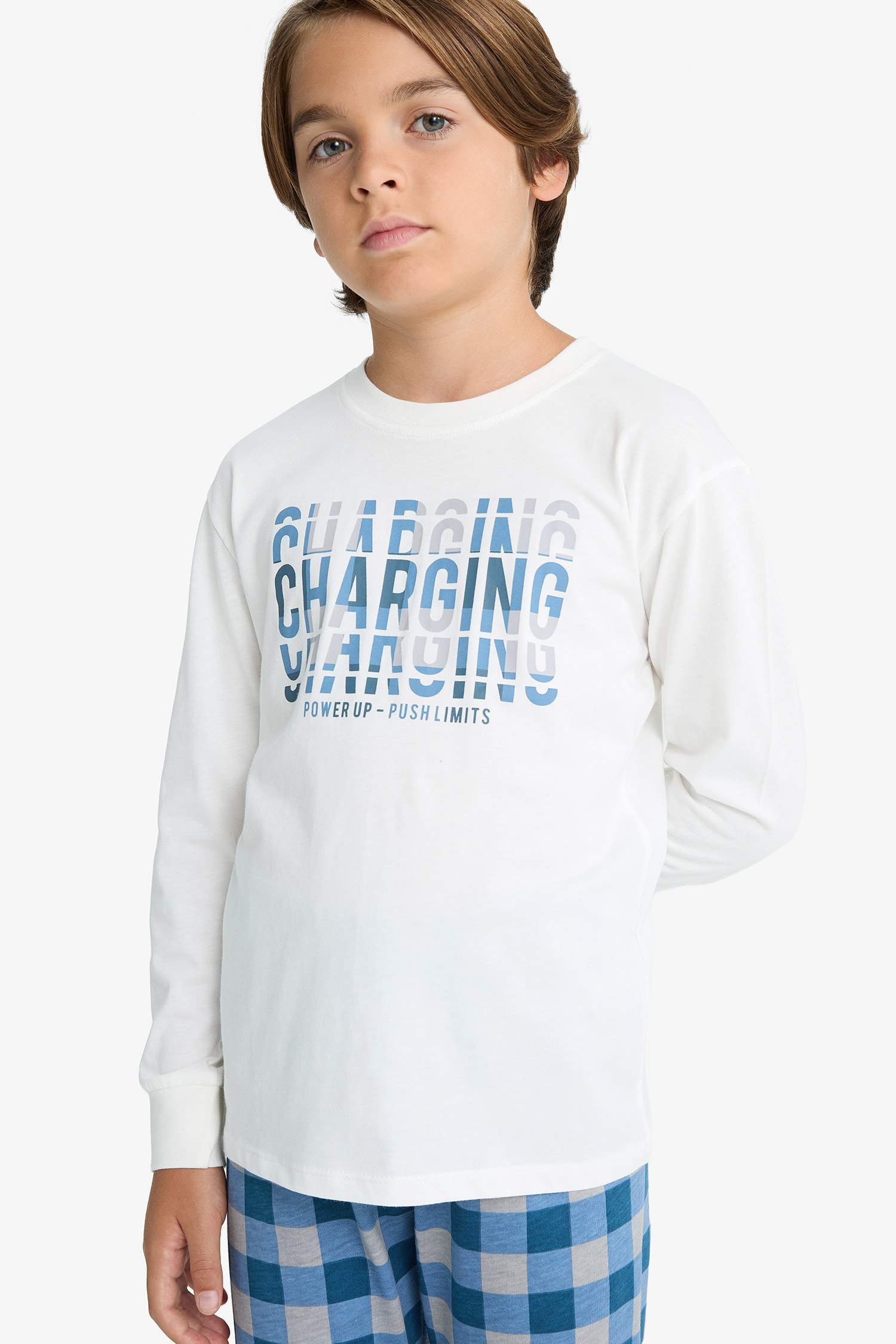 Erkek Çocuk Pijama Takımı Baskılı Uzun Kollu Üst Kareli Uzun Alt