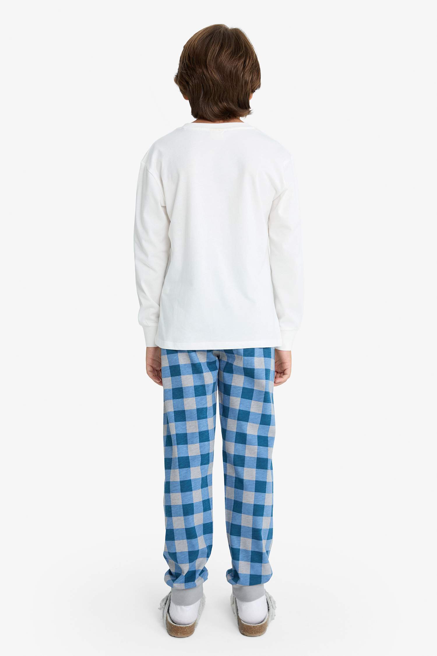 Erkek Çocuk Pijama Takımı Baskılı Uzun Kollu Üst Kareli Uzun Alt