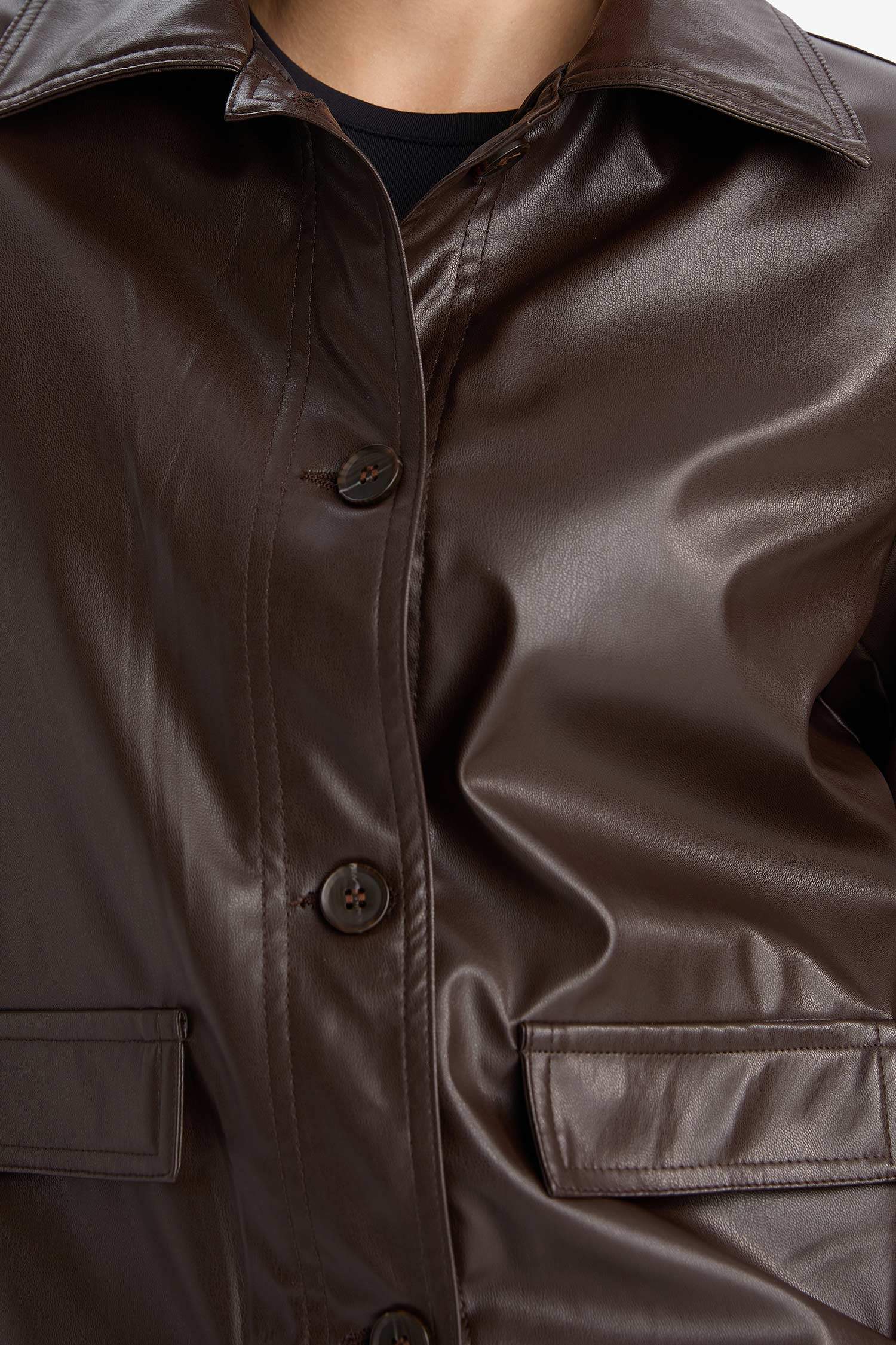 سترة بليزر من جلد صناعي قصة عادية بياقة بولو