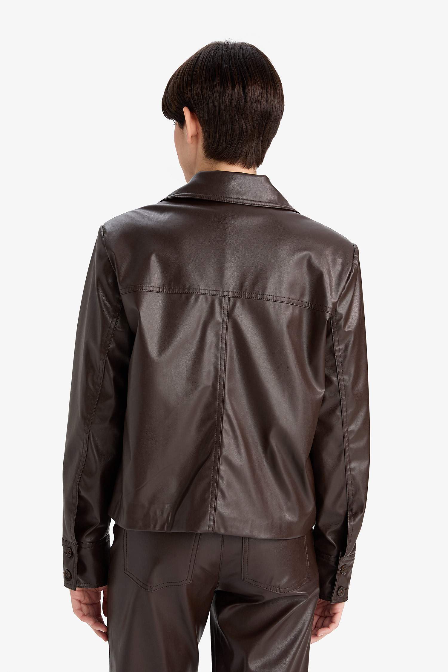 سترة بليزر من جلد صناعي قصة عادية بياقة بولو