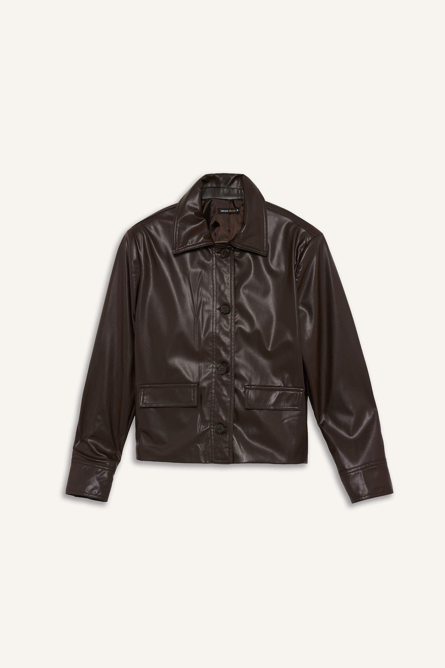 سترة بليزر من جلد صناعي قصة عادية بياقة بولو