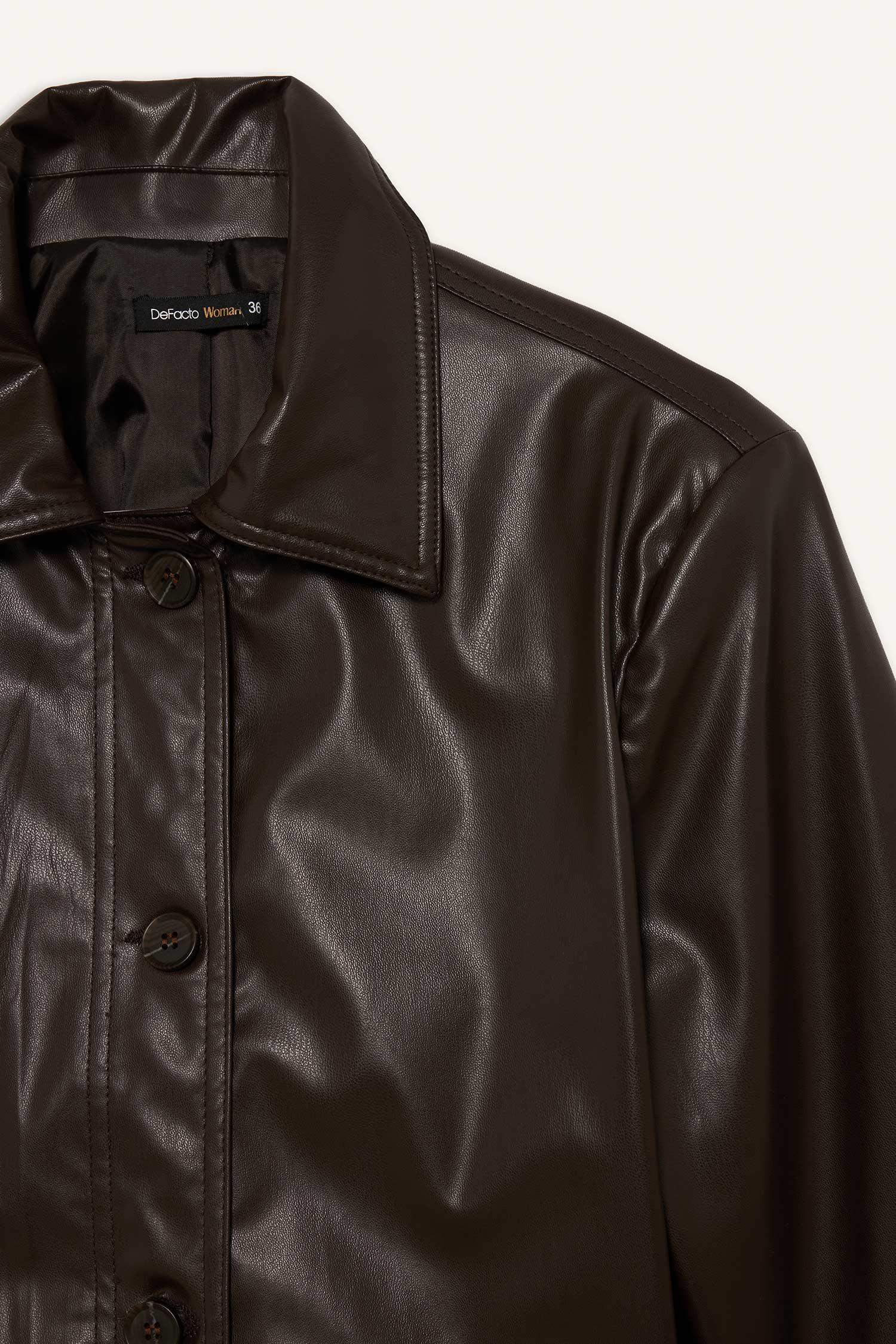 سترة بليزر من جلد صناعي قصة عادية بياقة بولو