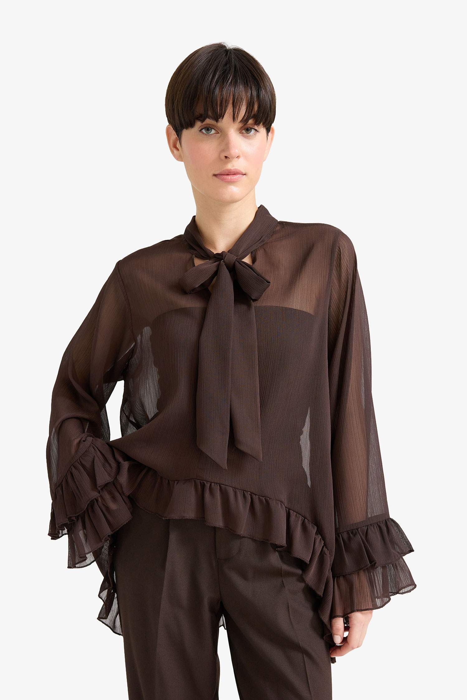 Overshirt Fit Fiyonk Yaka Şifon Uzun Kollu Bluz