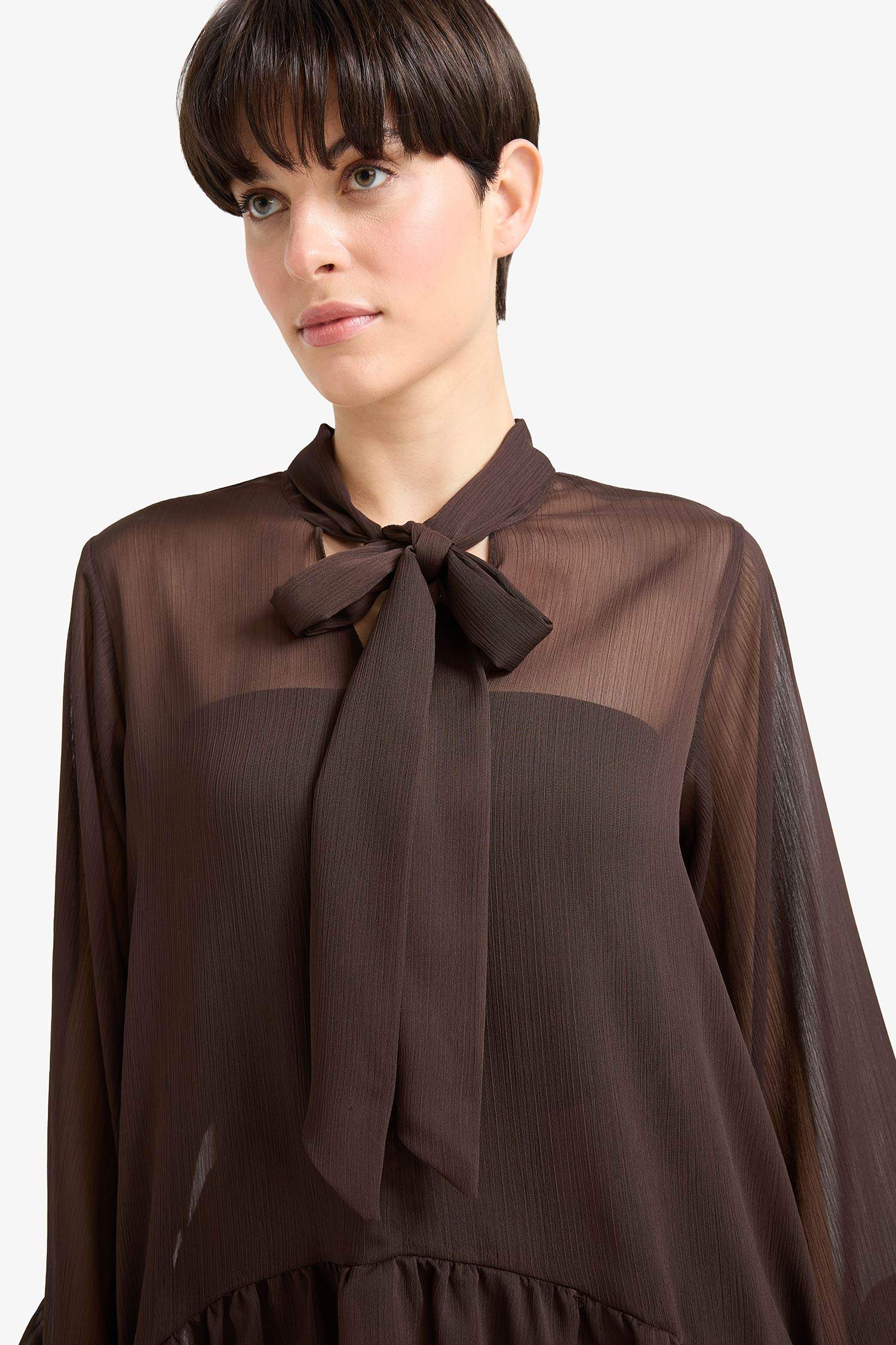 Overshirt Fit Fiyonk Yaka Şifon Uzun Kollu Bluz