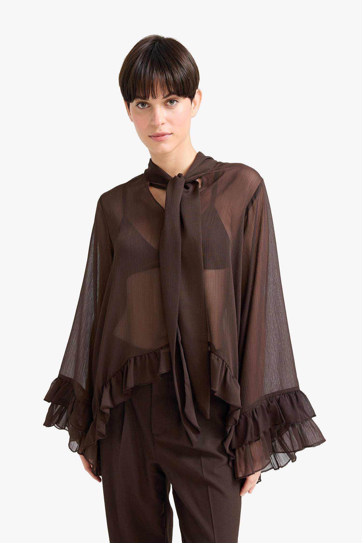 Overshirt Fit Fiyonk Yaka Şifon Uzun Kollu Bluz