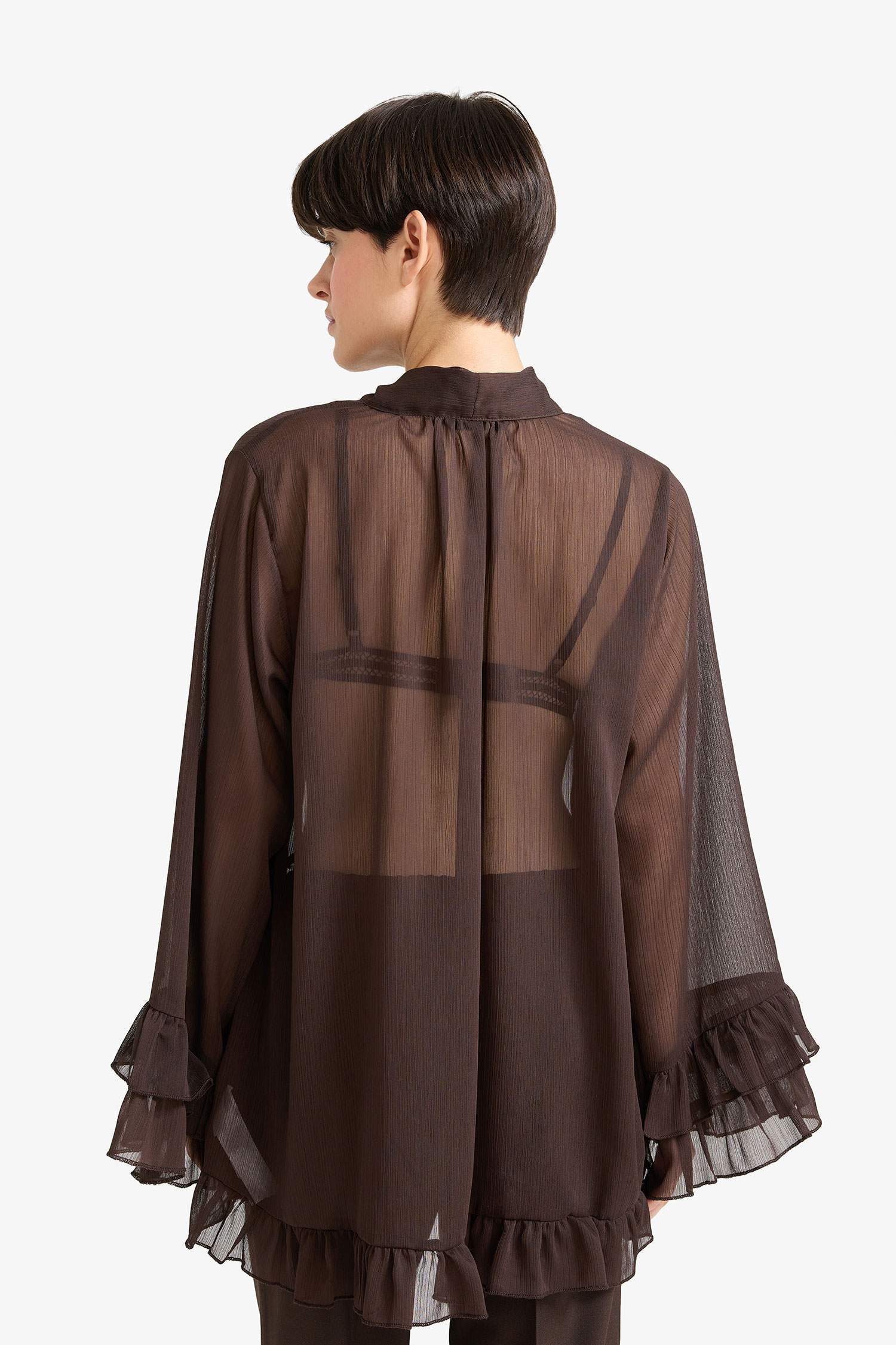 Overshirt Fit Fiyonk Yaka Şifon Uzun Kollu Bluz