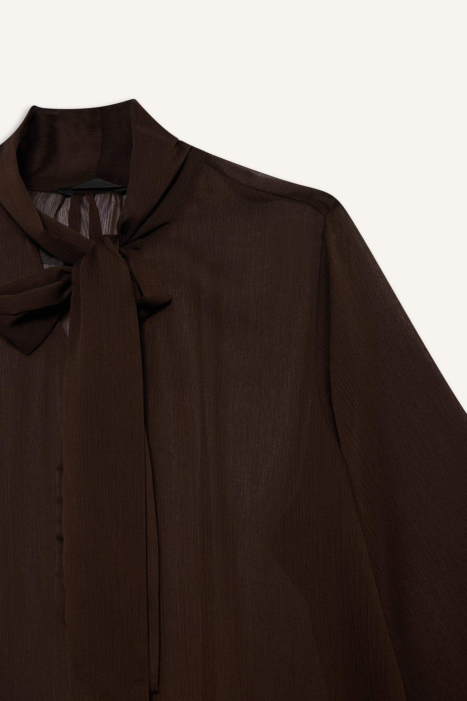 Overshirt Fit Fiyonk Yaka Şifon Uzun Kollu Bluz