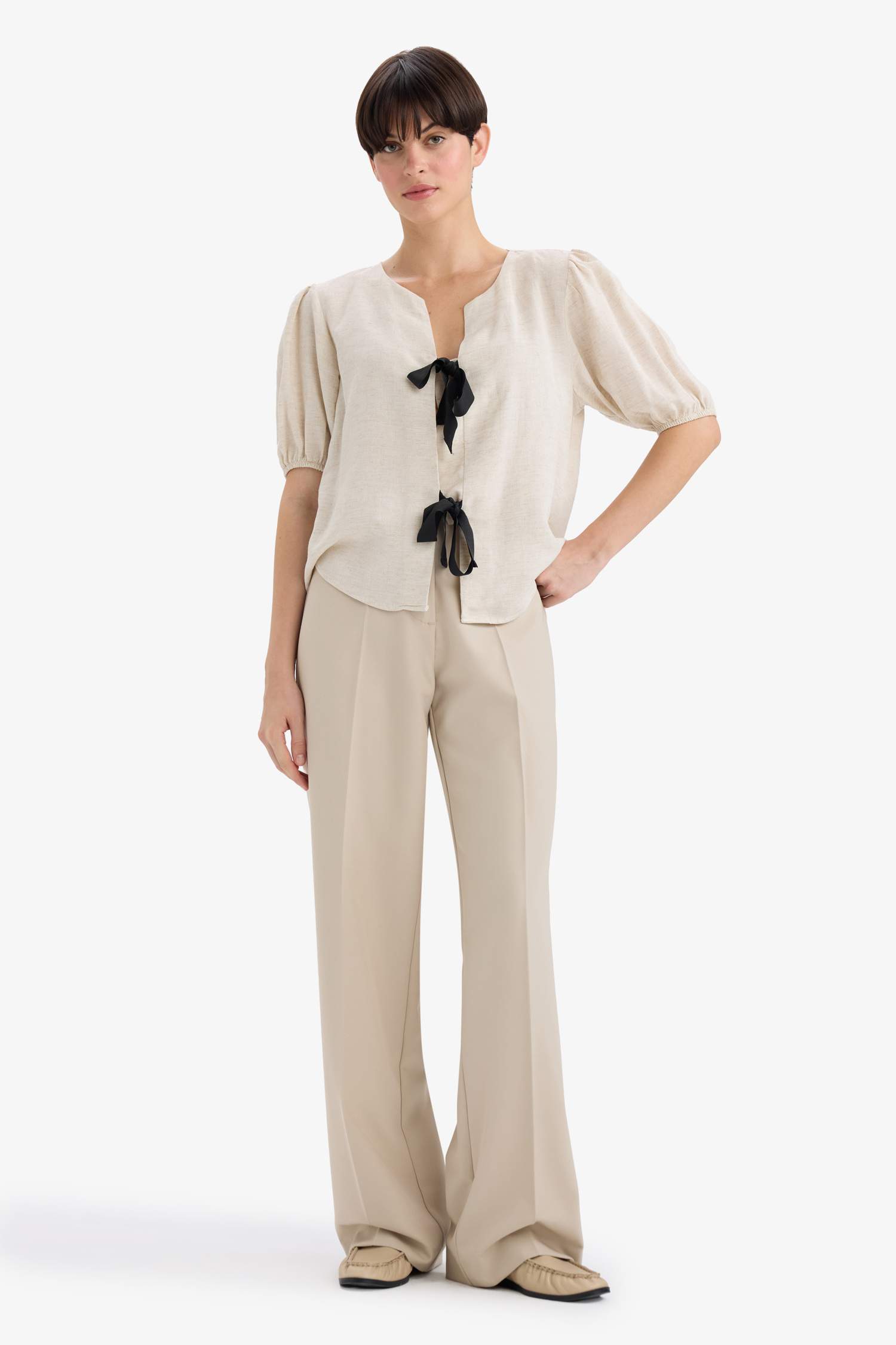 Regular Fit Crew Neck Linen Blend Blouse