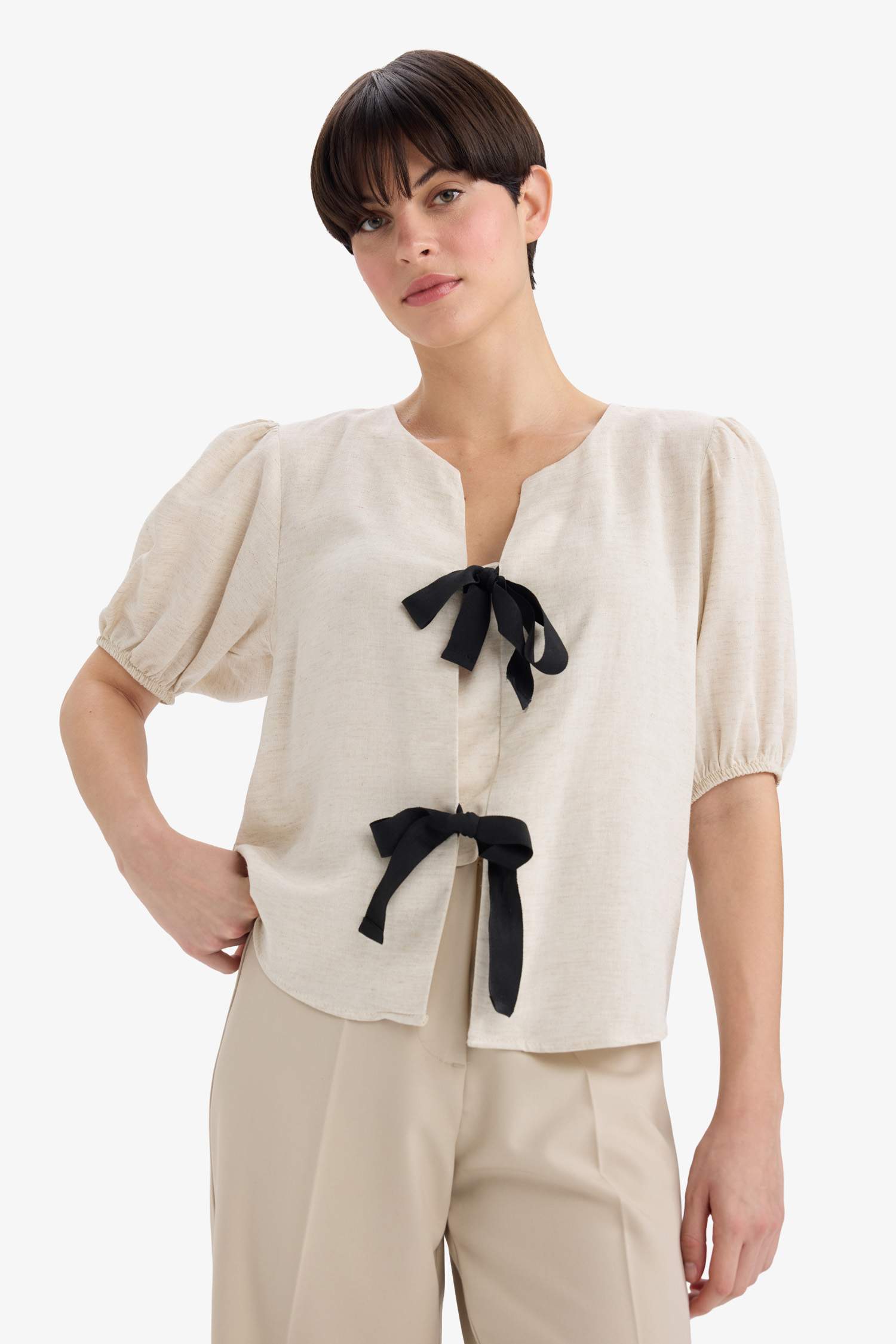 Regular Fit Crew Neck Linen Blend Blouse