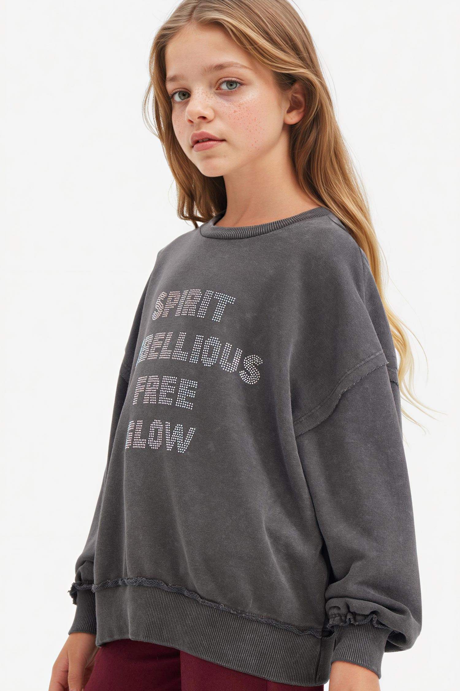 Oversize Geniş Kalıp Bisiklet Yaka Baskılı Sweatshirt Kız Çocuk