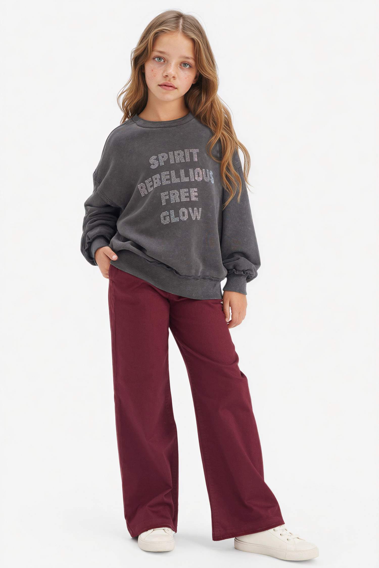 Oversize Geniş Kalıp Bisiklet Yaka Baskılı Sweatshirt Kız Çocuk