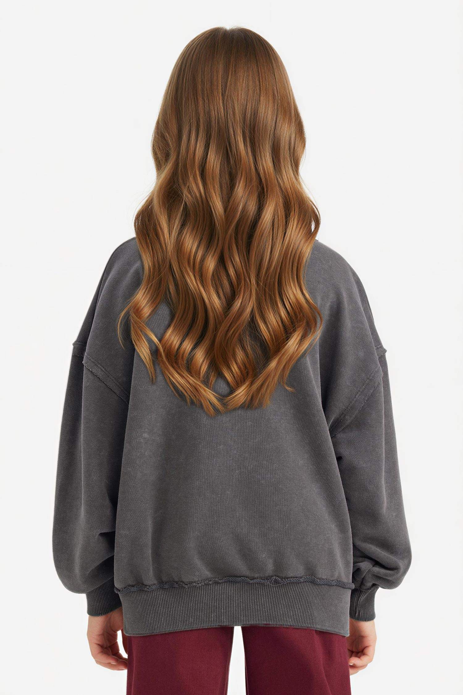 Oversize Geniş Kalıp Bisiklet Yaka Baskılı Sweatshirt Kız Çocuk