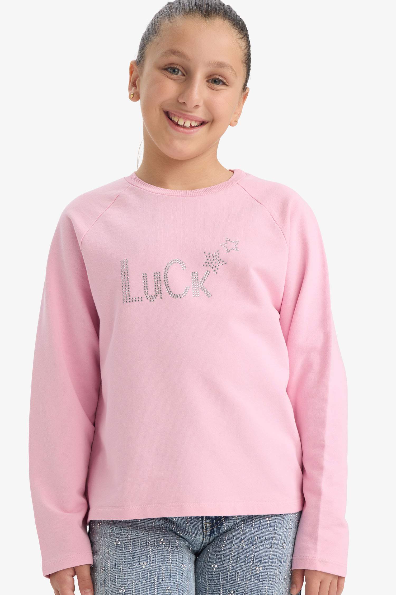 Kız Çocuk Oversize Geniş Kalıp Bisiklet Yaka Taşlı Sweatshirt