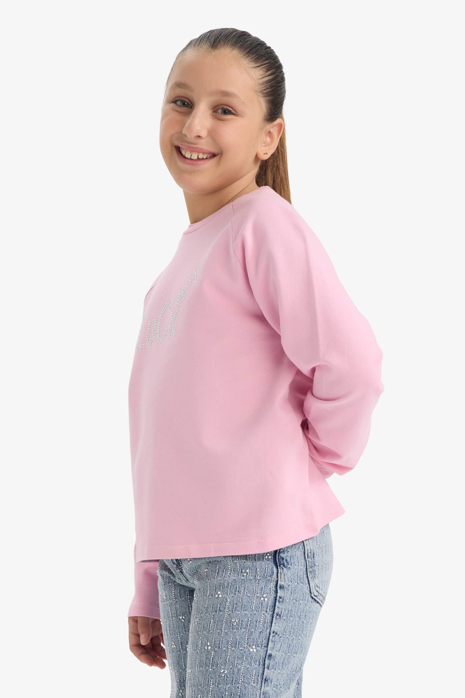 Kız Çocuk Oversize Geniş Kalıp Bisiklet Yaka Taşlı Sweatshirt