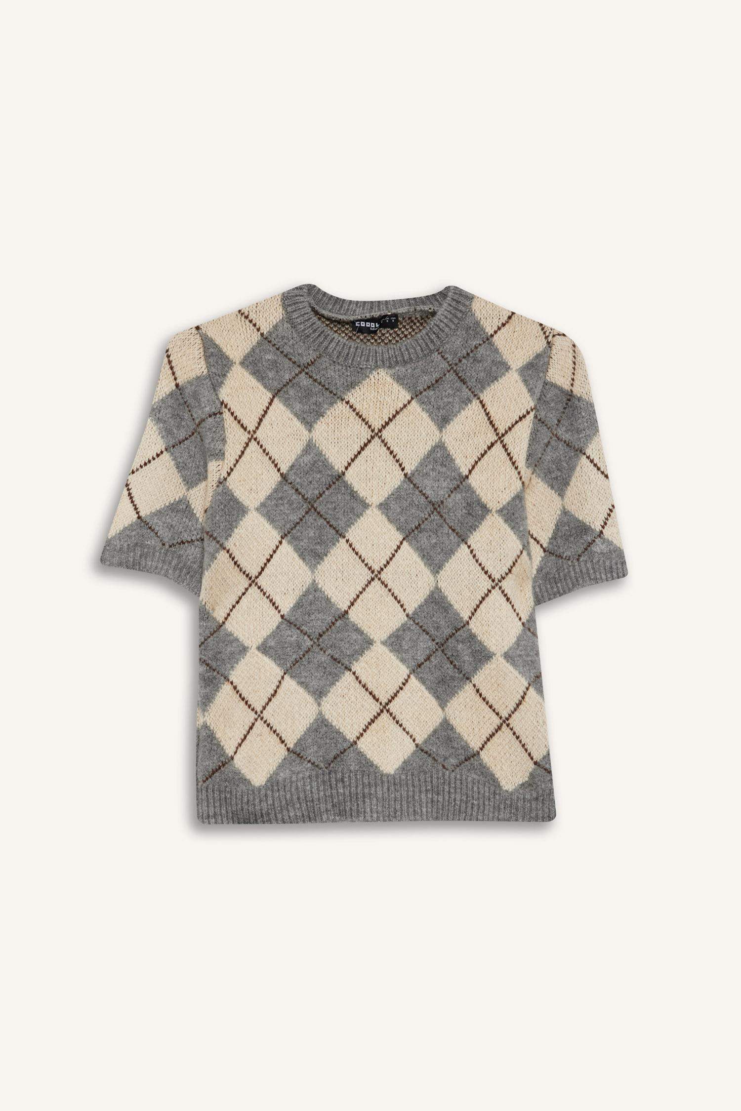 Pull en tricot à manches courtes et col rond motif losanges Coupe slim