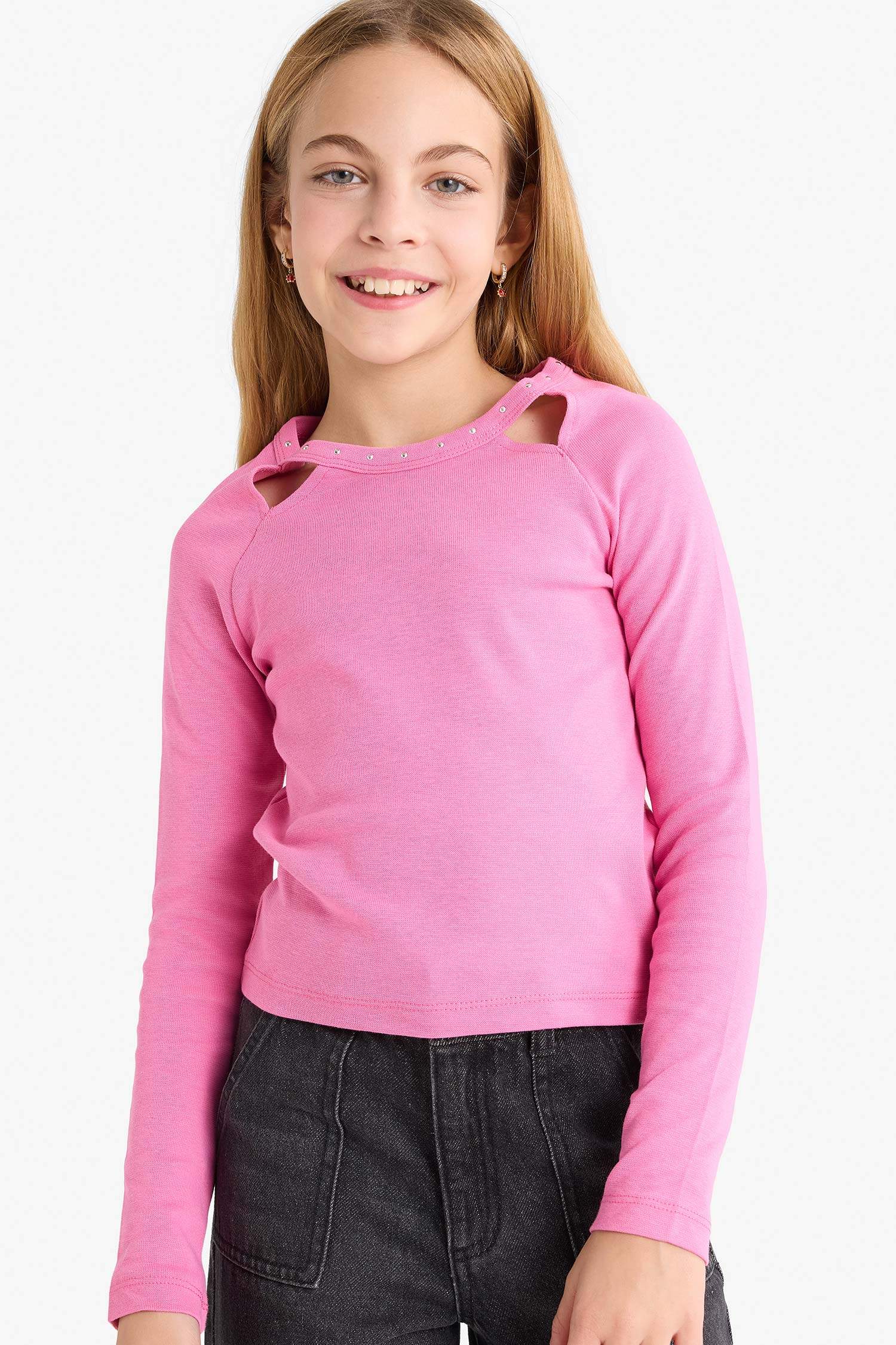 تيشيرت بناتي ردن طويل مضلع سليم فيت بأحجار