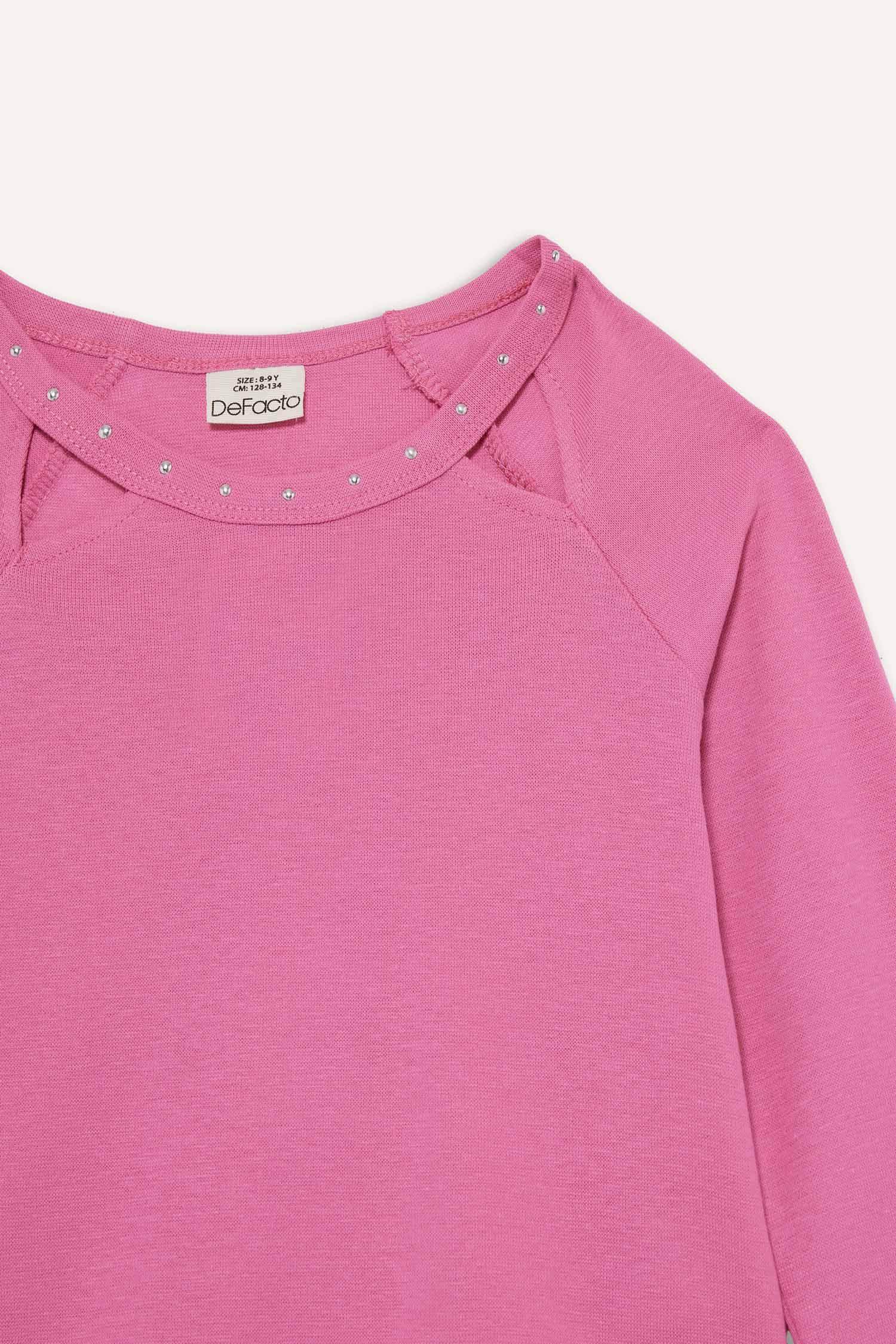 Kız Çocuk Slim Fit Dar Kesim Taşlı Yaka Fitilli Kaşkorse Uzun Kollu Tişört