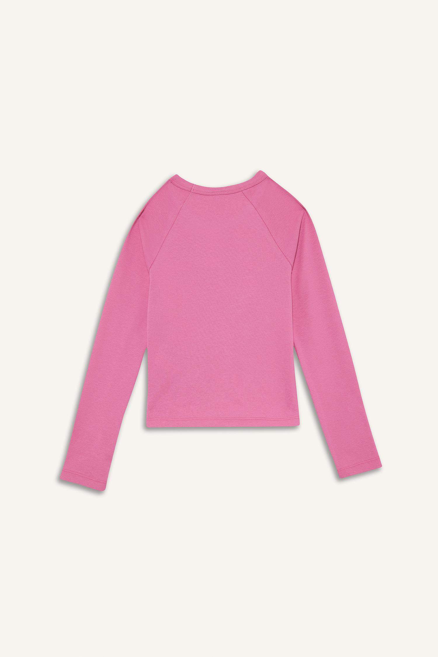 Kız Çocuk Slim Fit Dar Kesim Taşlı Yaka Fitilli Kaşkorse Uzun Kollu Tişört