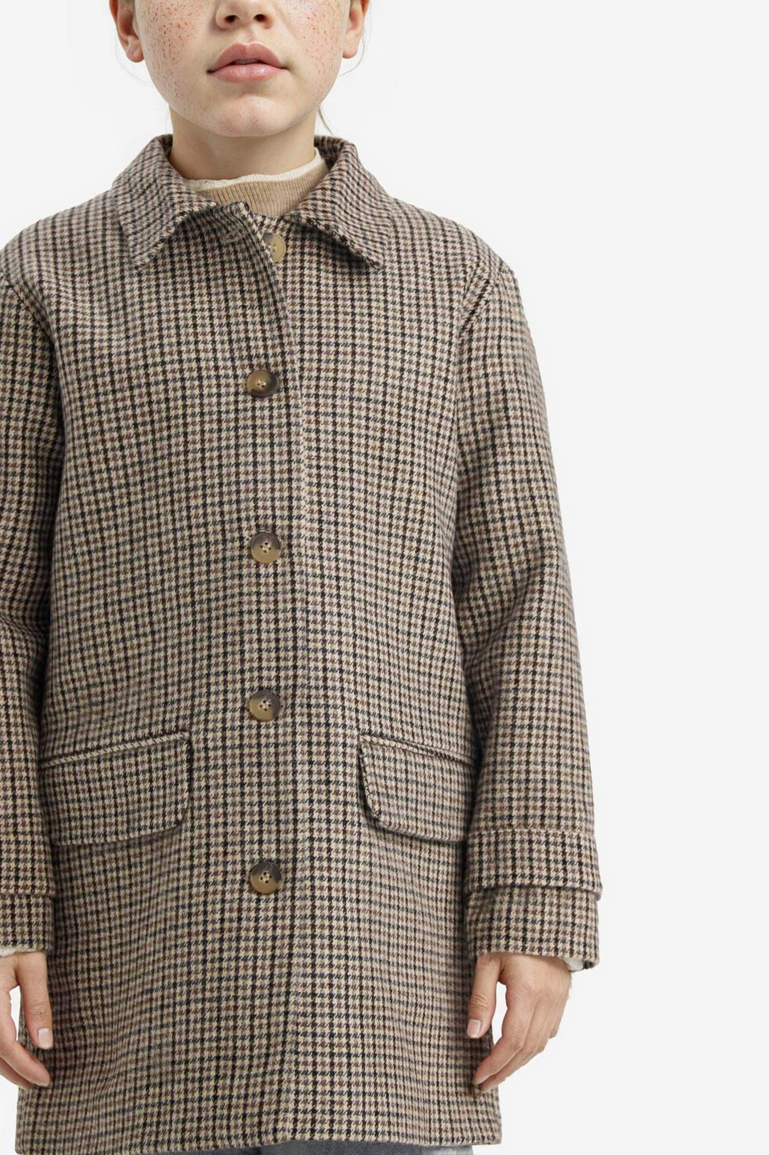 Kız Çocuk Gömlek Yaka Düğmeli Kareli Kaşe Mont