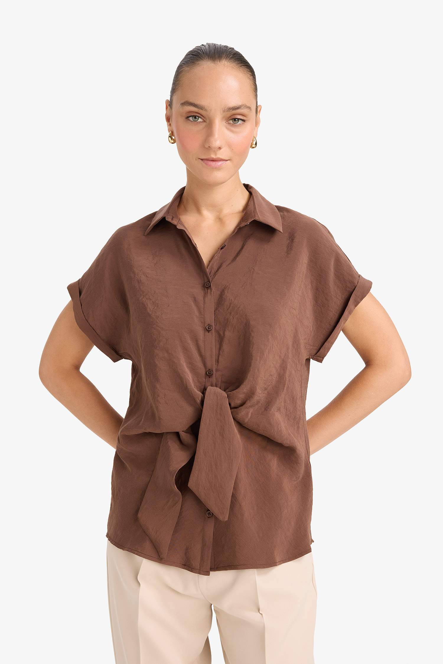 Regular Fit Shirt Collar Short Sleeve Blouse