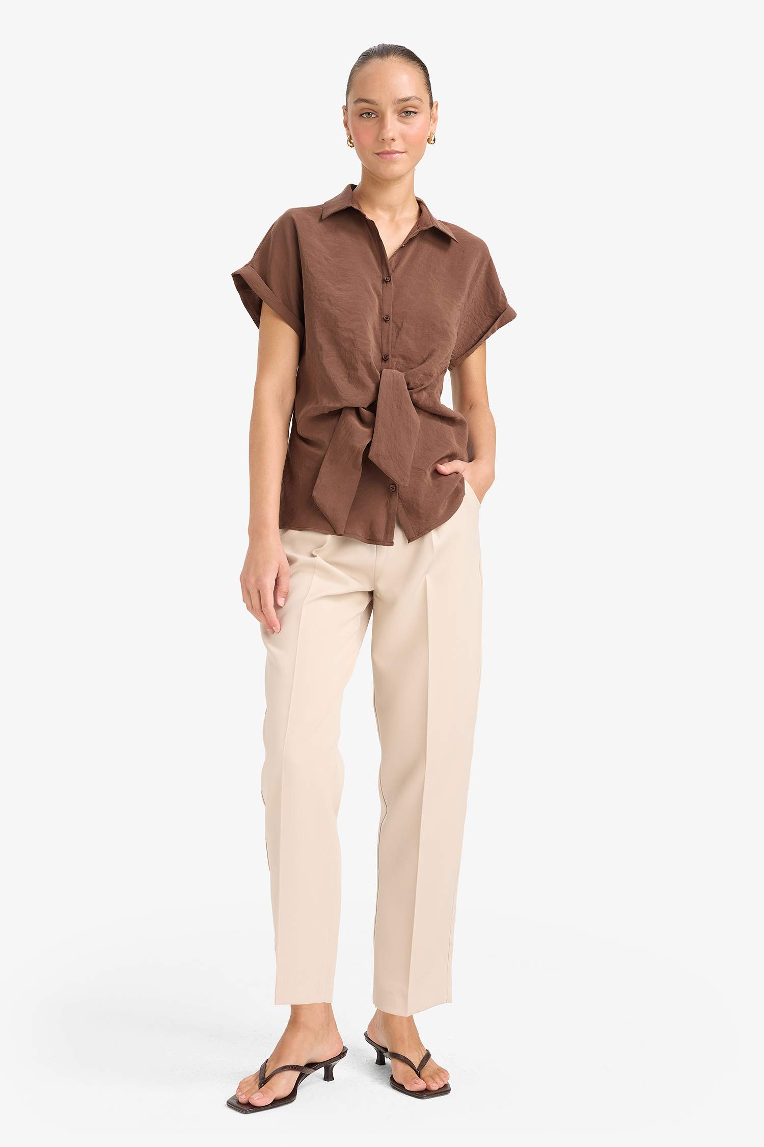 Regular Fit Shirt Collar Short Sleeve Blouse