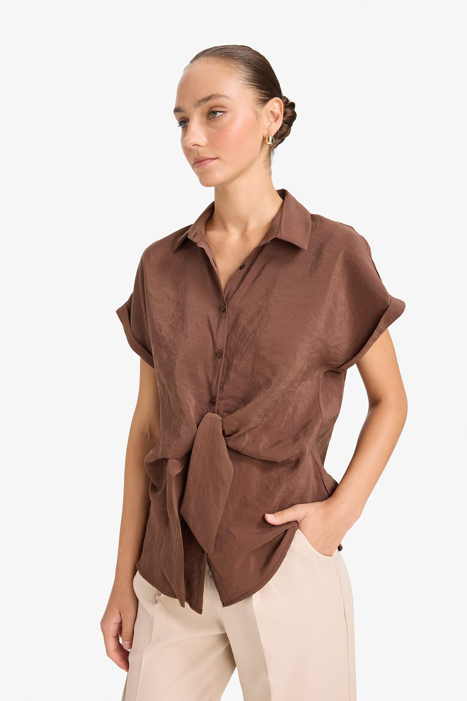 Regular Fit Shirt Collar Short Sleeve Blouse