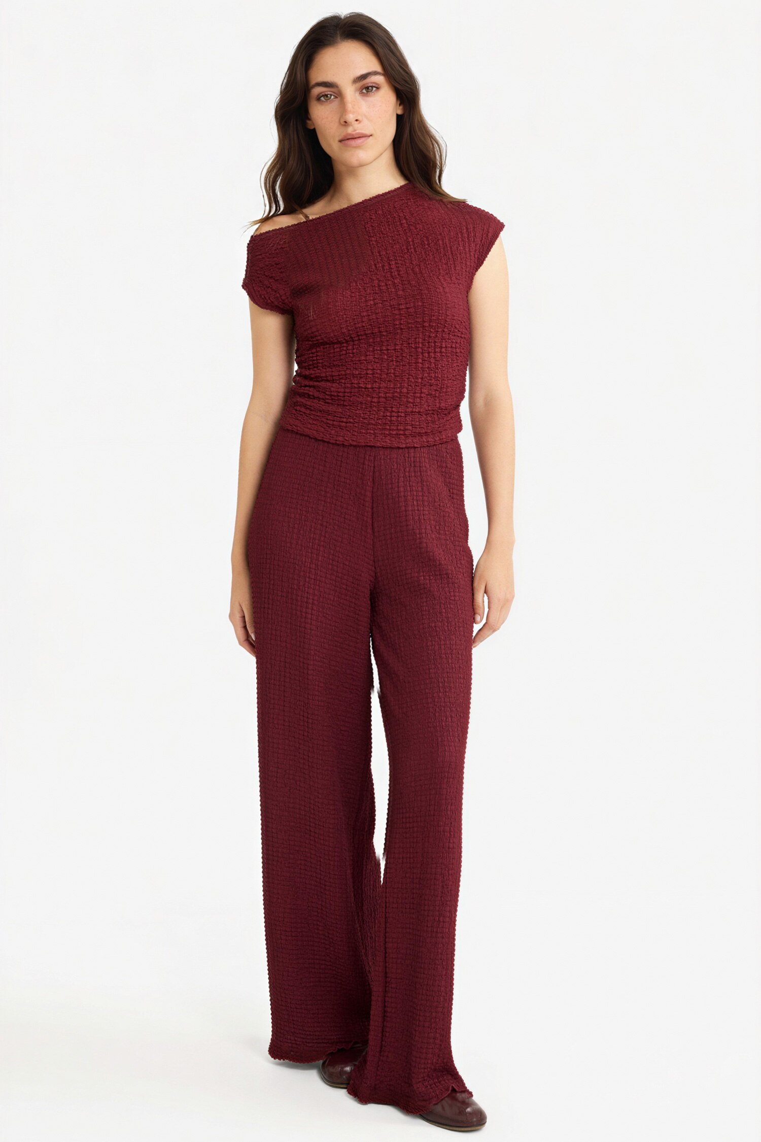 DeFacto Slim Fit Dar Kesim Tek Omuzlu Kırışık Dokulu Bluz görsel 2