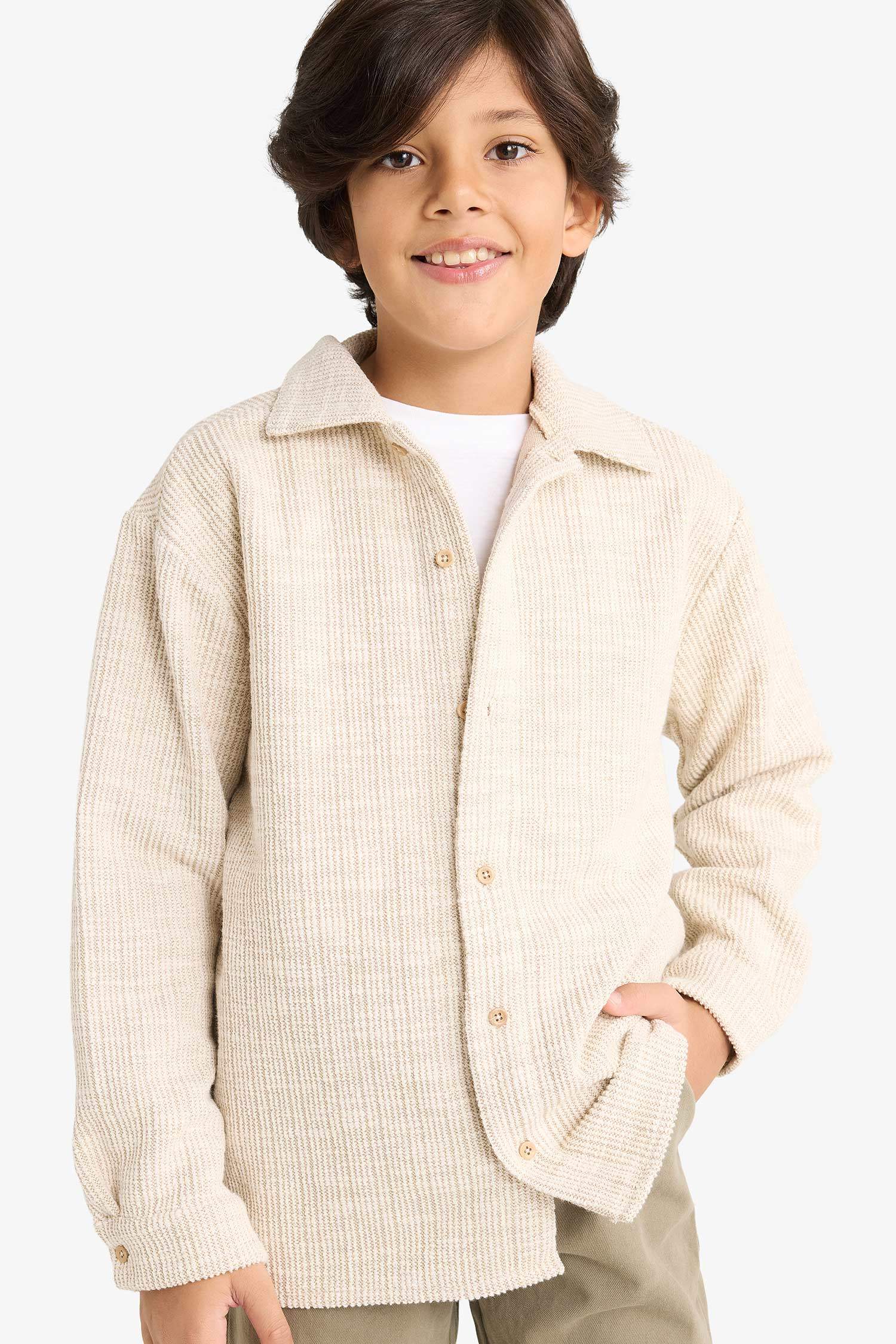 Erkek Çocuk Polo Yaka Jakarlı Uzun Kollu Gömlek