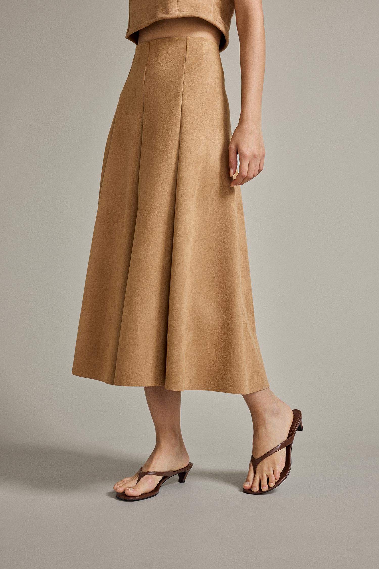 Süet Pileli Midi Etek